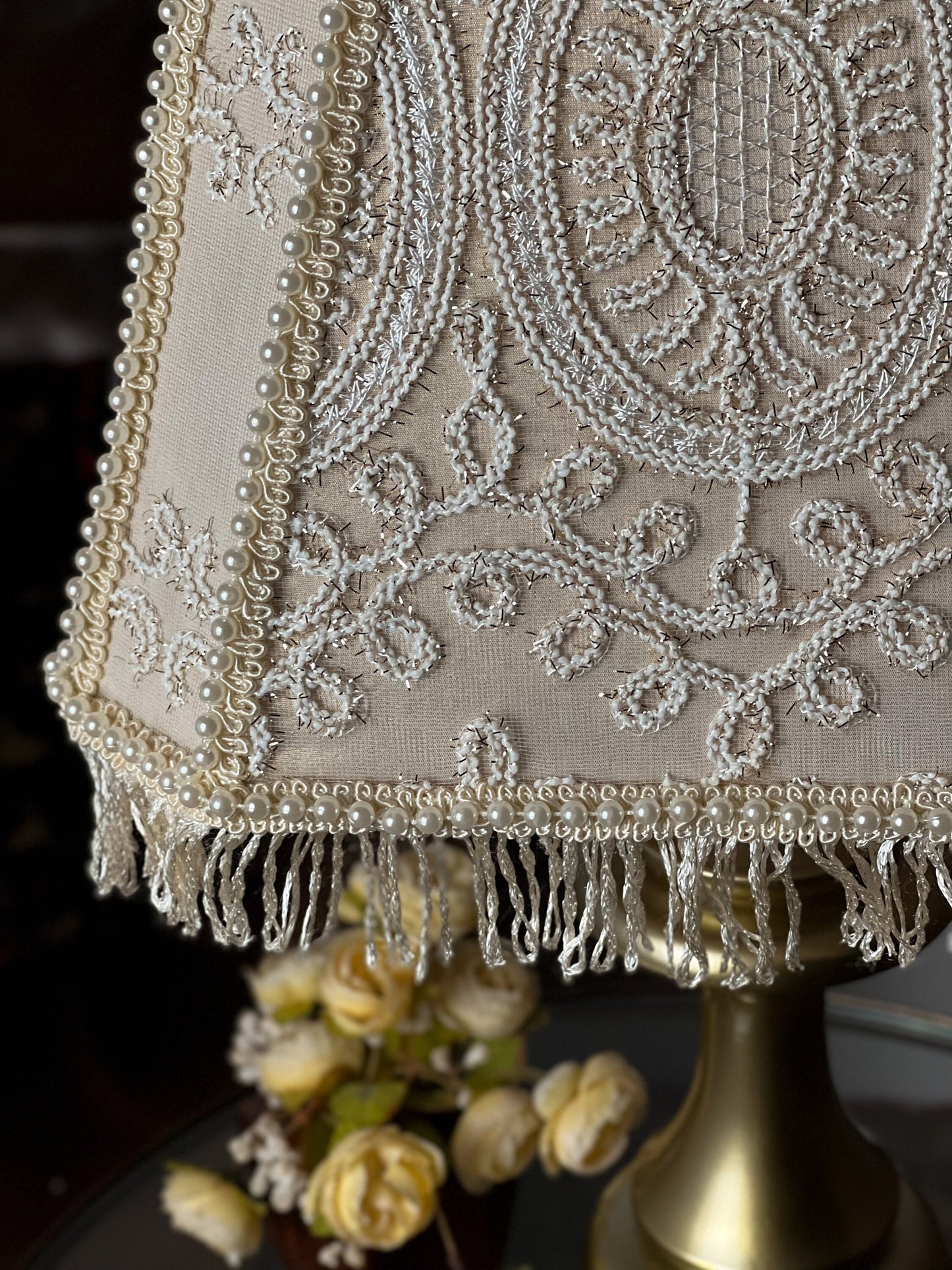 Victorian beige brocade lampshade.