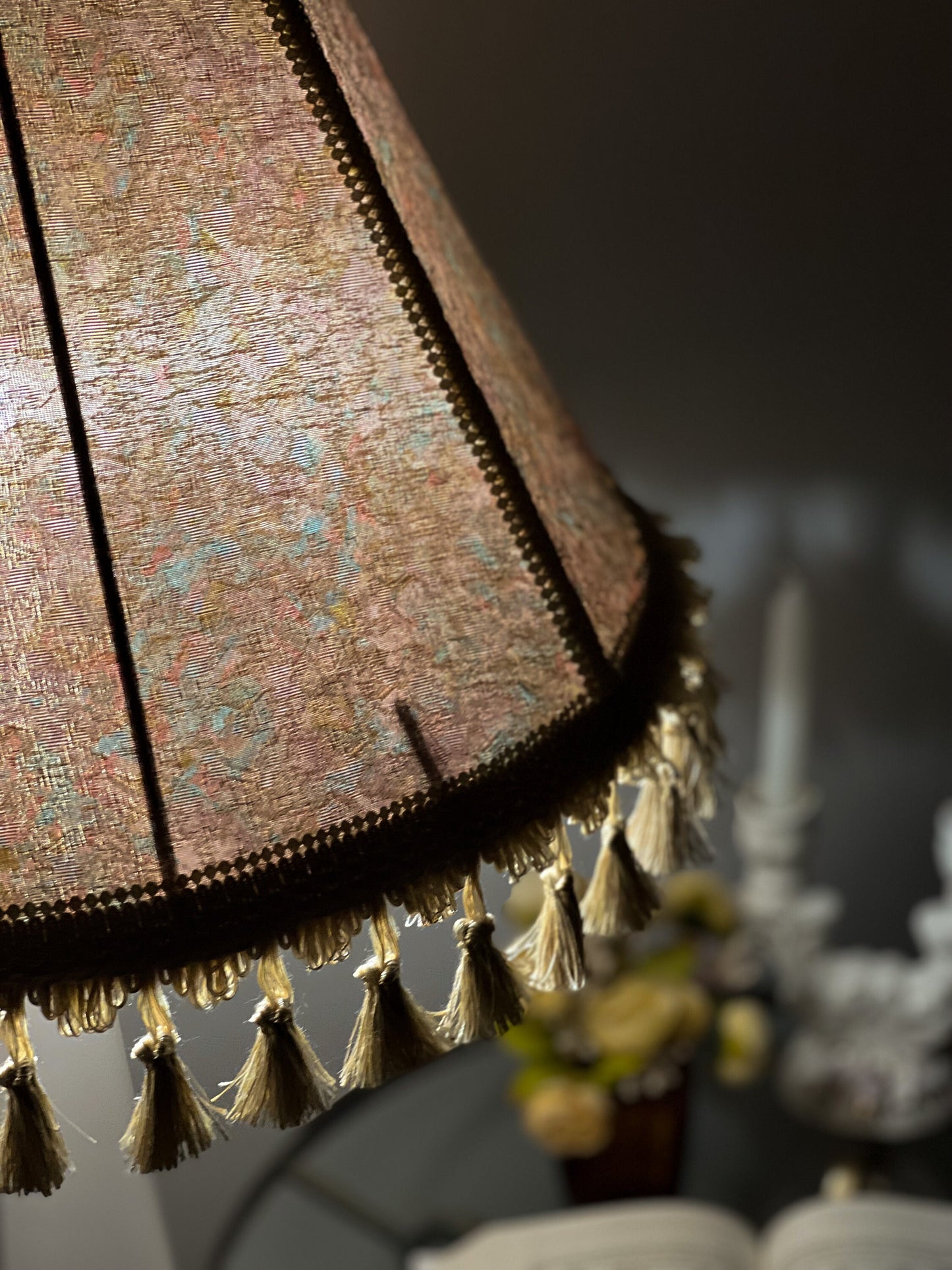 Lampshade, fabric lampshade with fringe and tassels. 7103