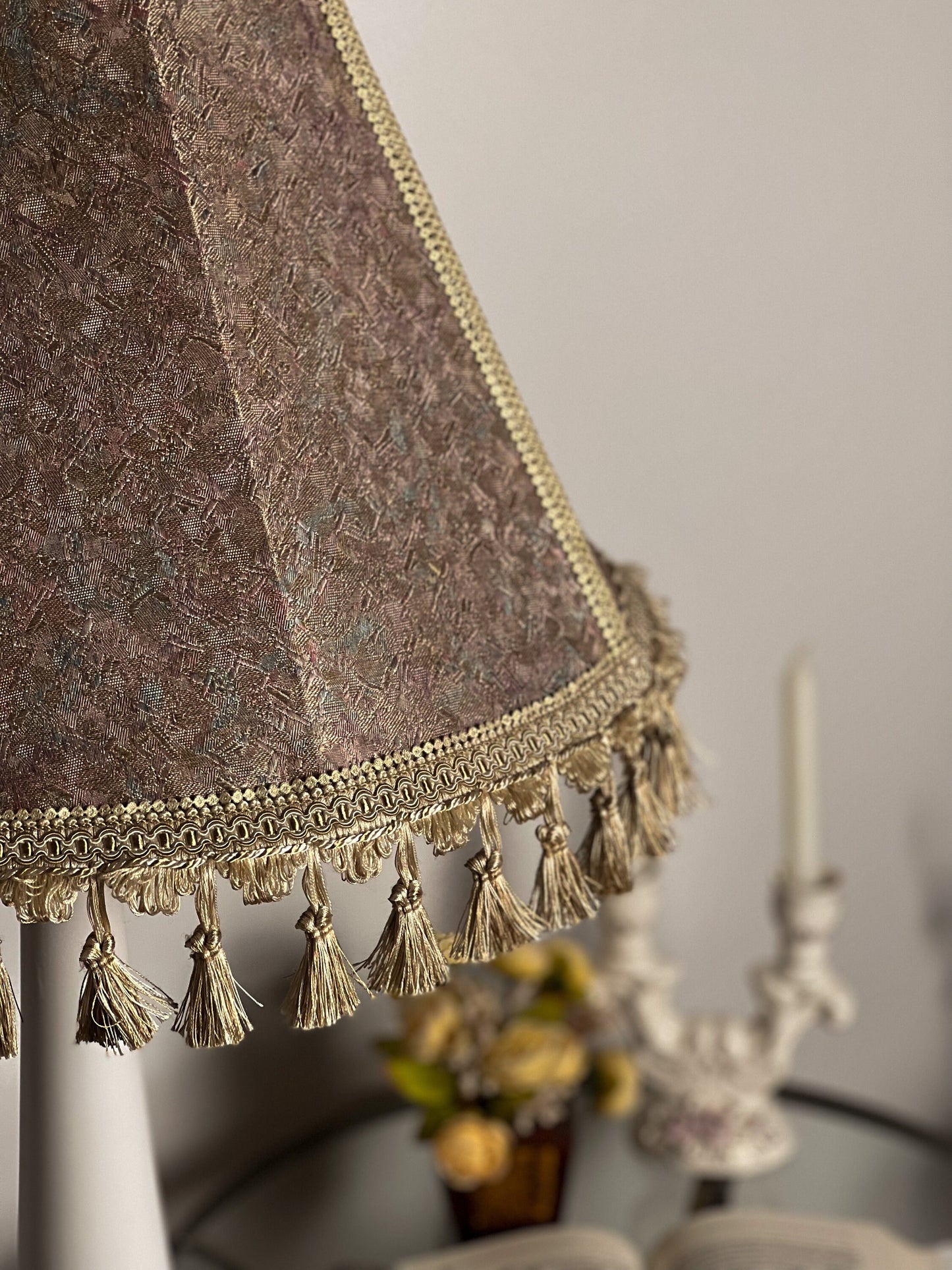 Lampshade, fabric lampshade with fringe and tassels. 7103