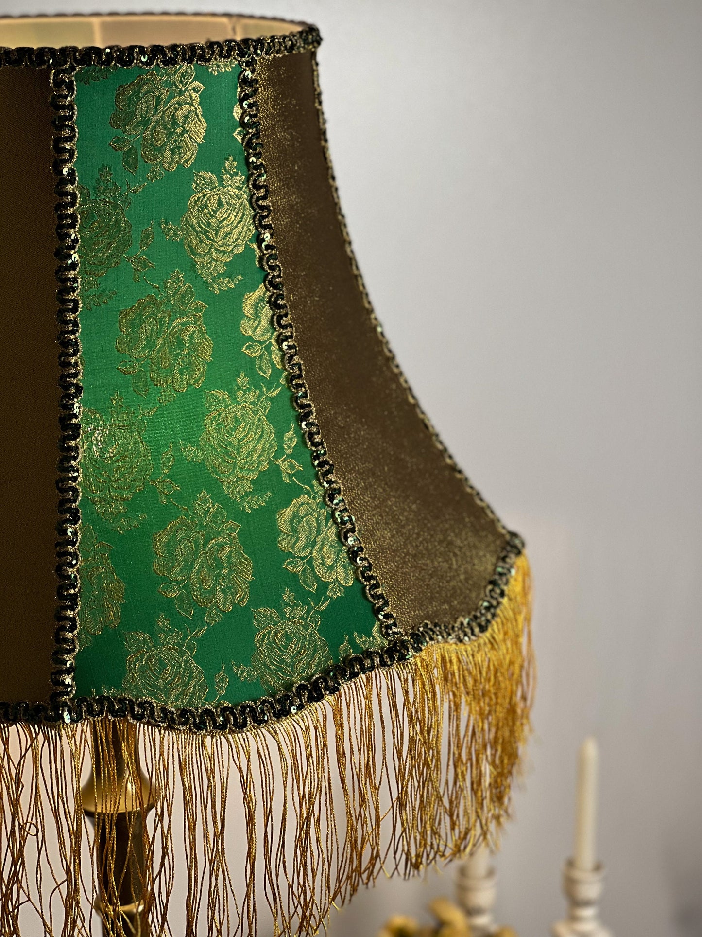 Lampshade, designer fabric, green lampshade with fringe. PRODUCT TO ORDER. 4703