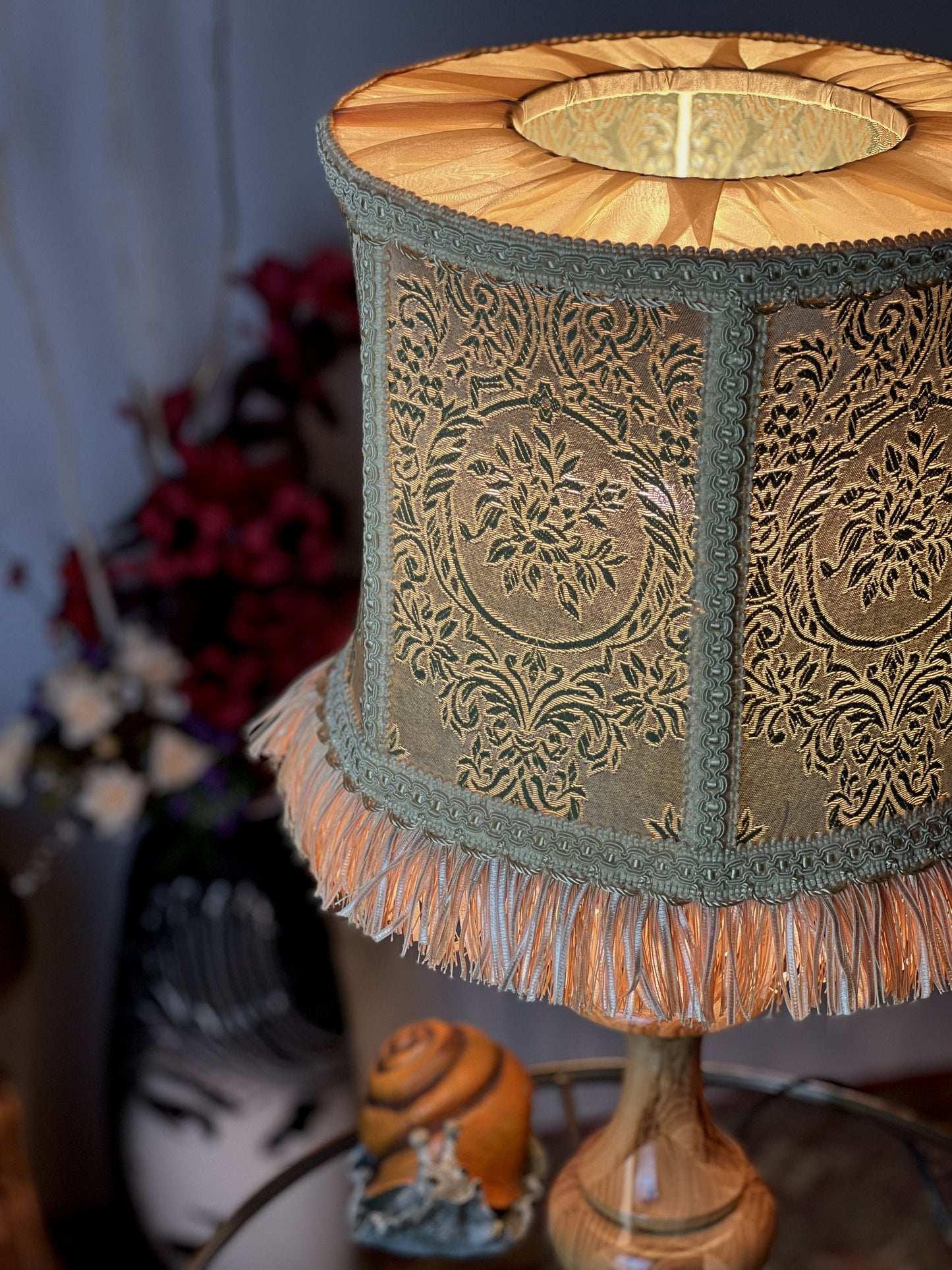 Beige and green handmade fabric lampshade 5901