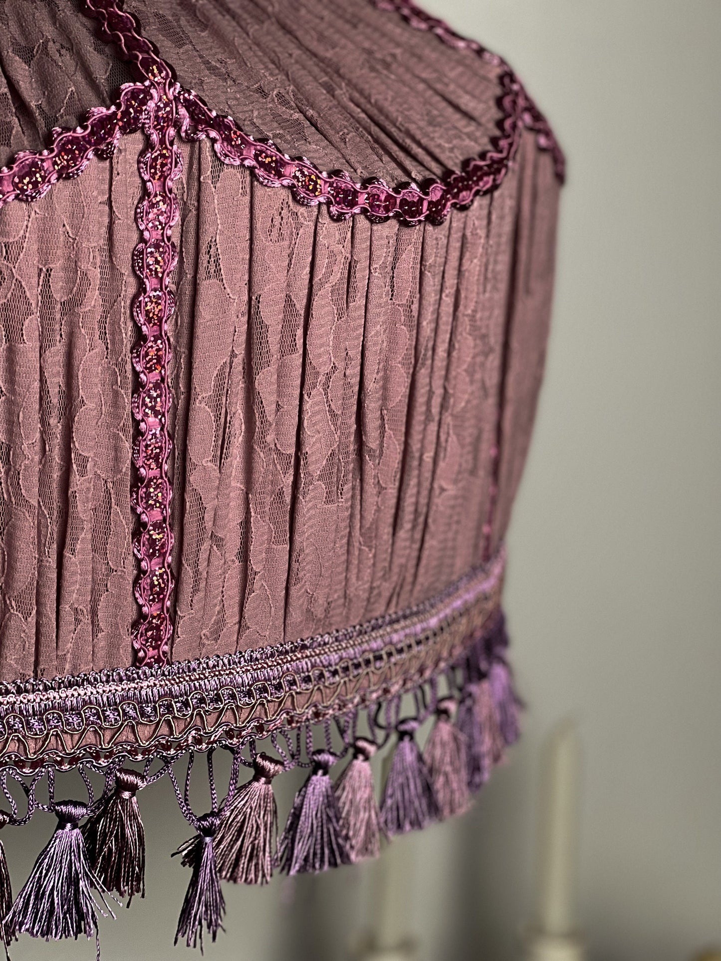 Lampshade. Large lilac lampshade with handmade fringe. 1703