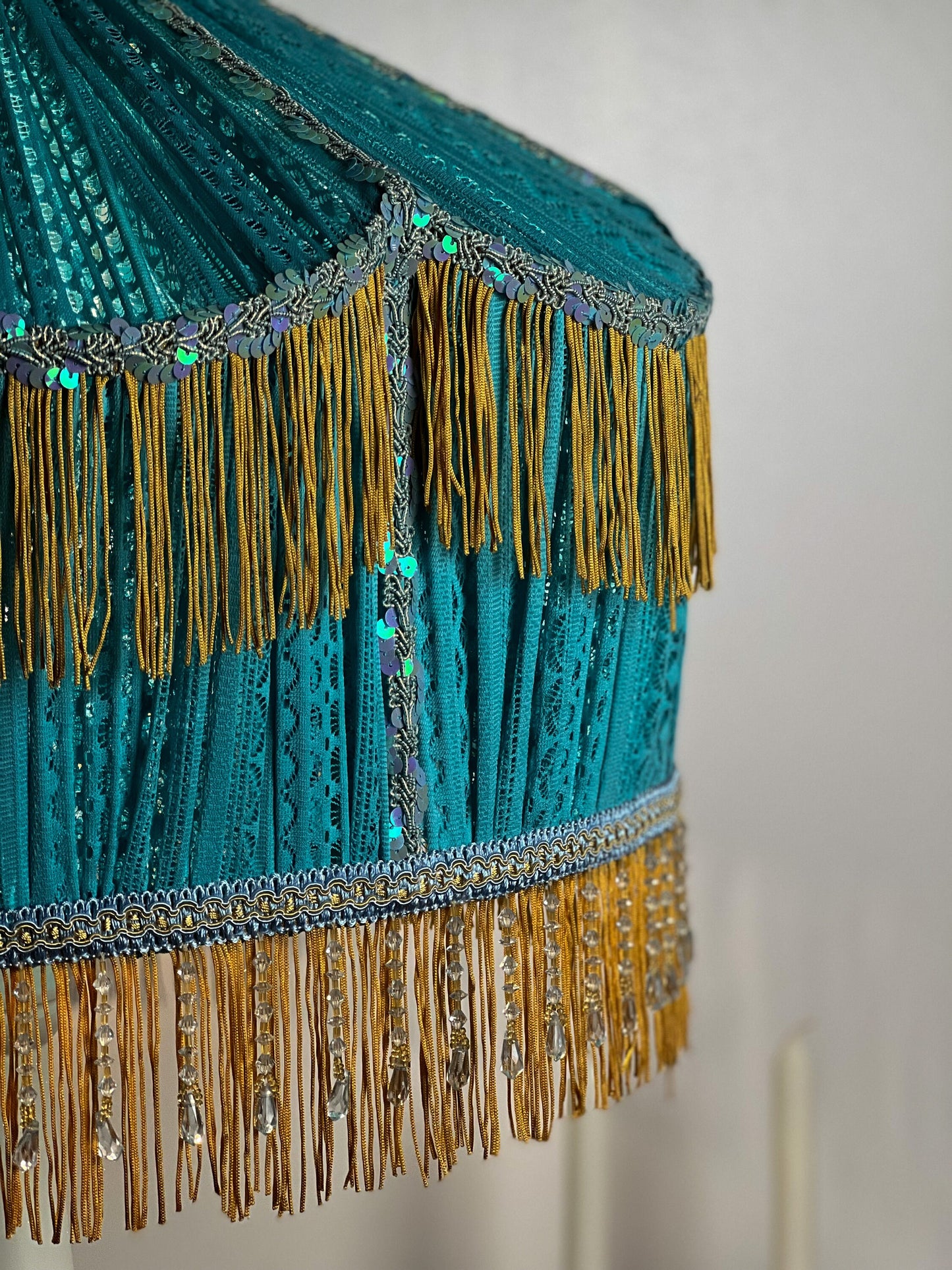 Lampshade. Art Deco Turquoise Guipure Lampshade with Long Fringe