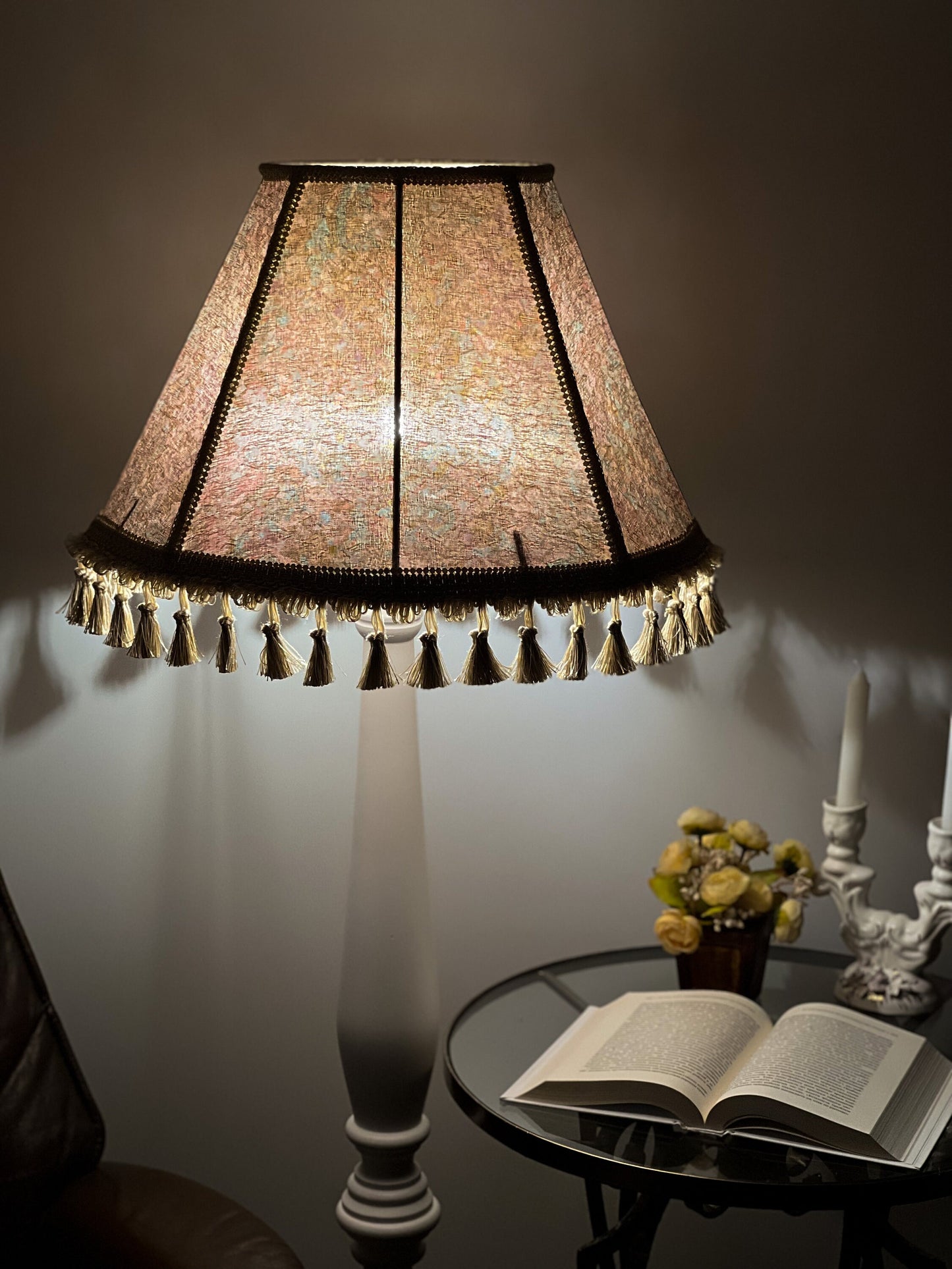 Lampshade, fabric lampshade with fringe and tassels. 7103