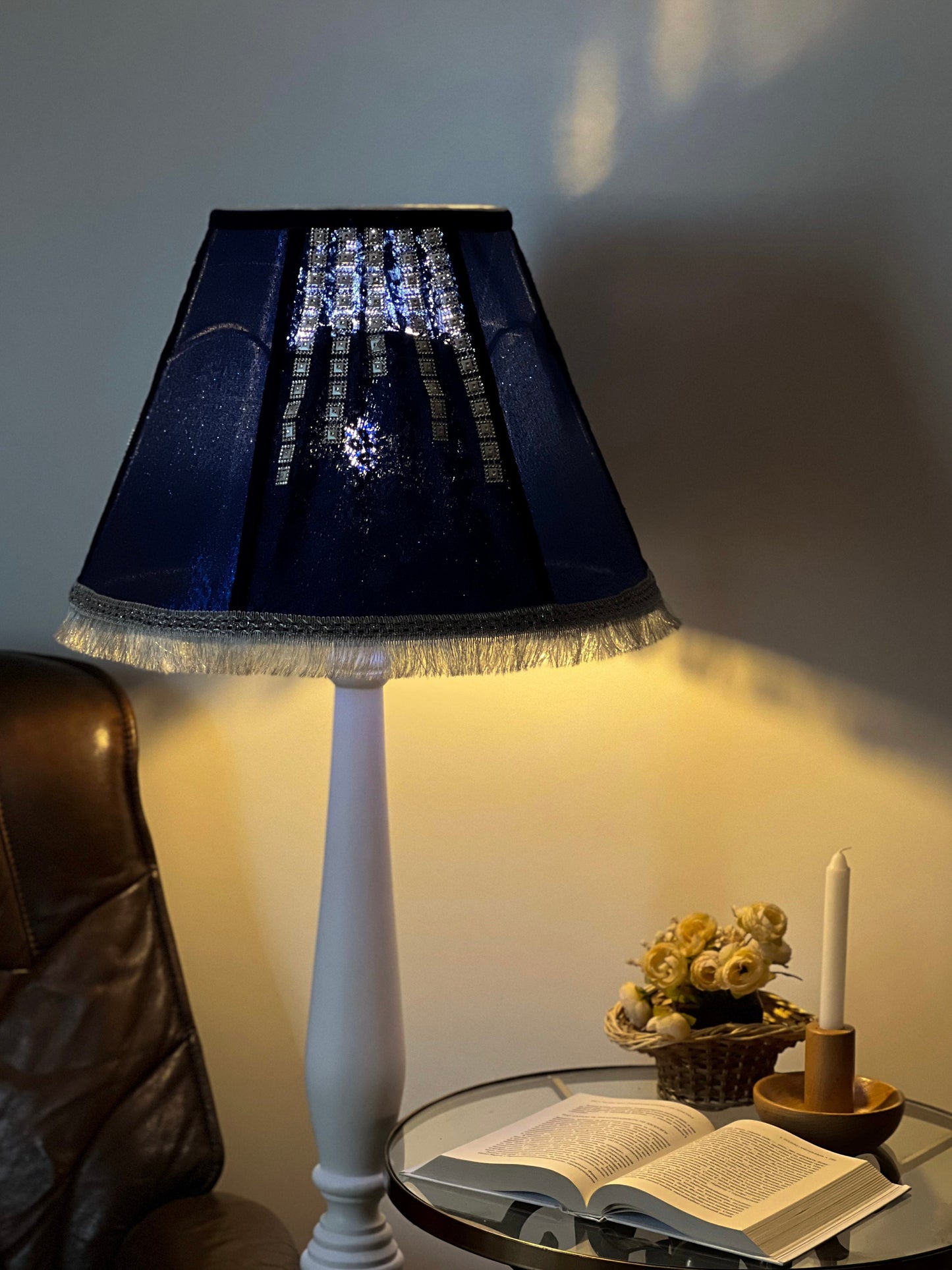 Lampshade. Blue Victorian Fringed Deco Lampshade - Luxury Handmade Lampshade for Home Decor