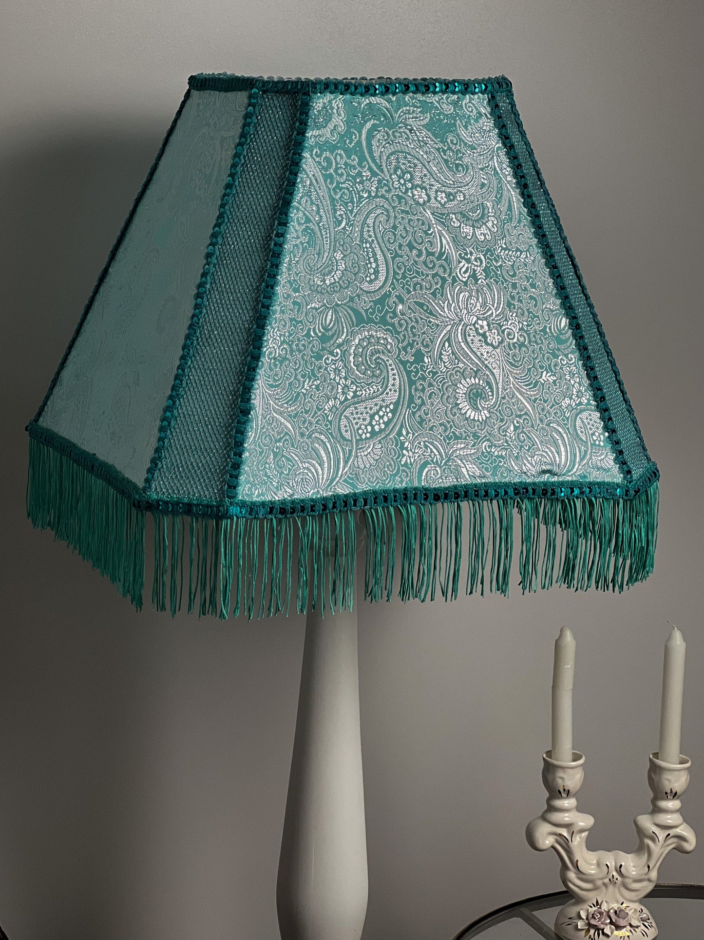 Fabric lampshade in turquoise color with sequins and fringe. Art deco styles. 3402