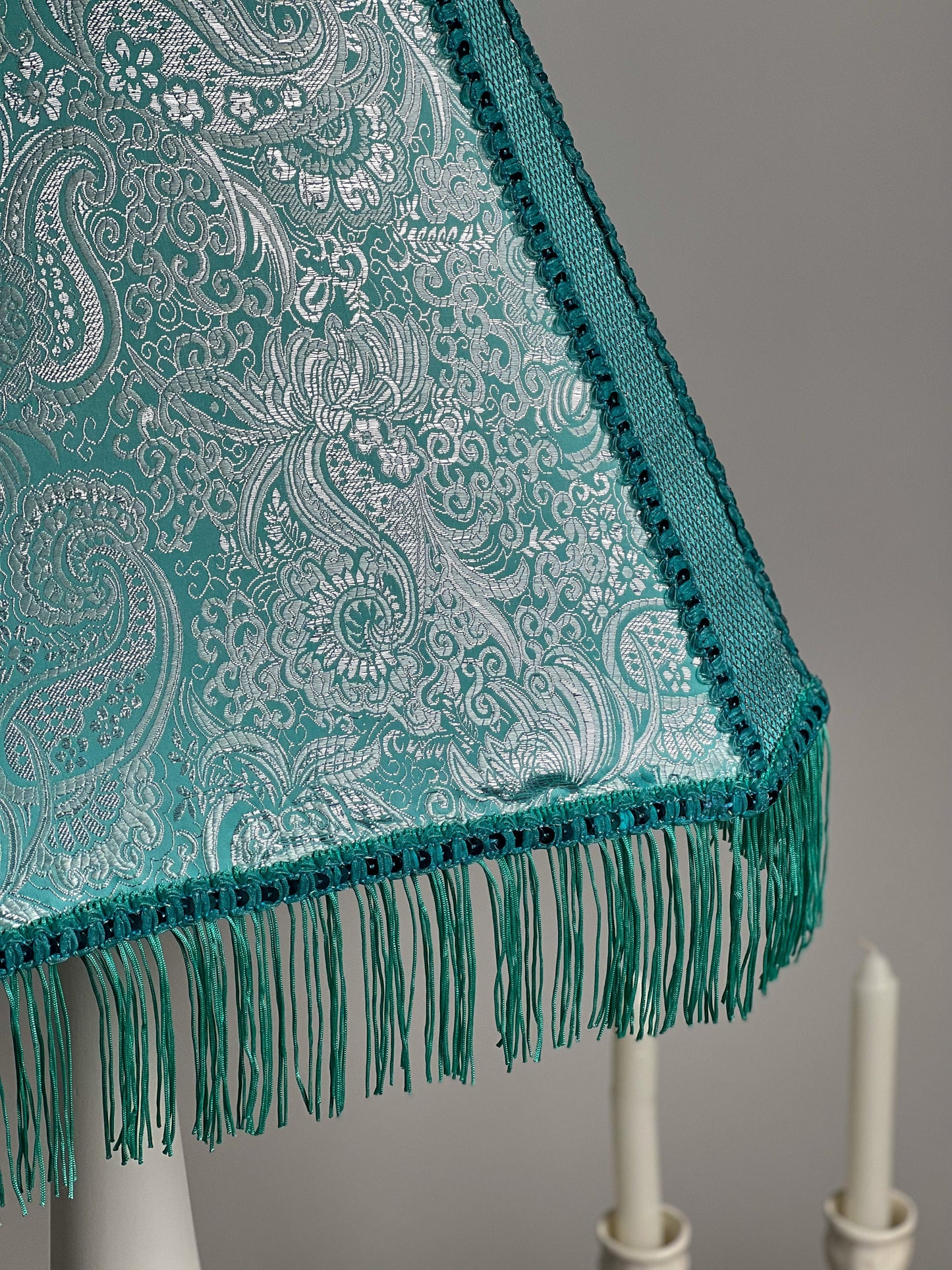 Fabric lampshade in turquoise color with sequins and fringe. Art deco styles. 3402