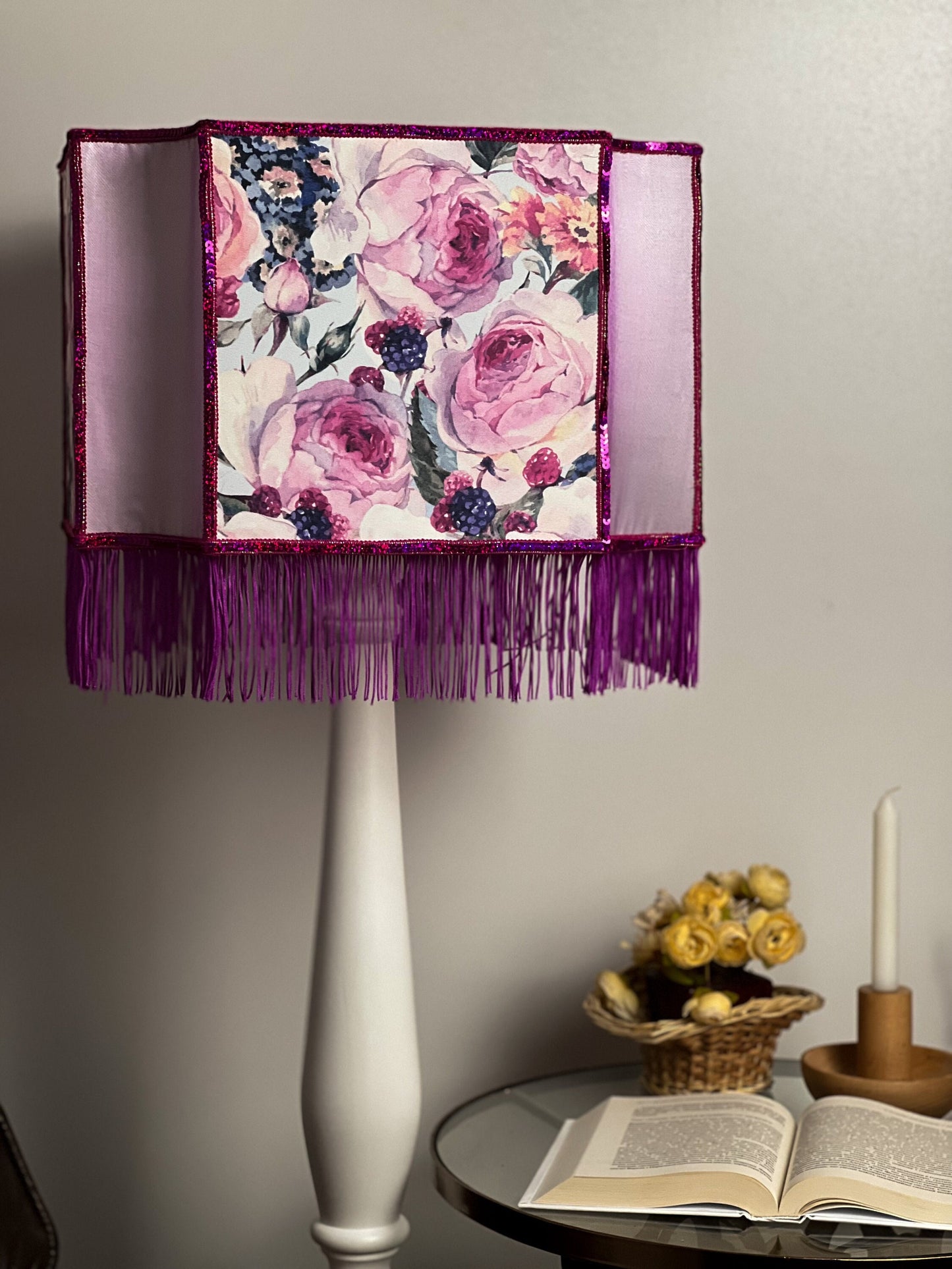 Art deco Lampshade Purple Silk, Floral Pattern, Fringe, Handmade. 2804