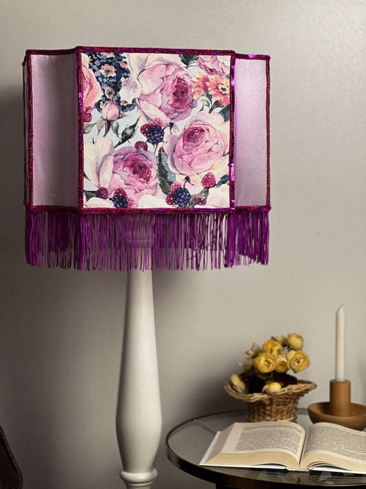Art deco Lampshade Purple Silk, Floral Pattern, Fringe, Handmade. 2804
