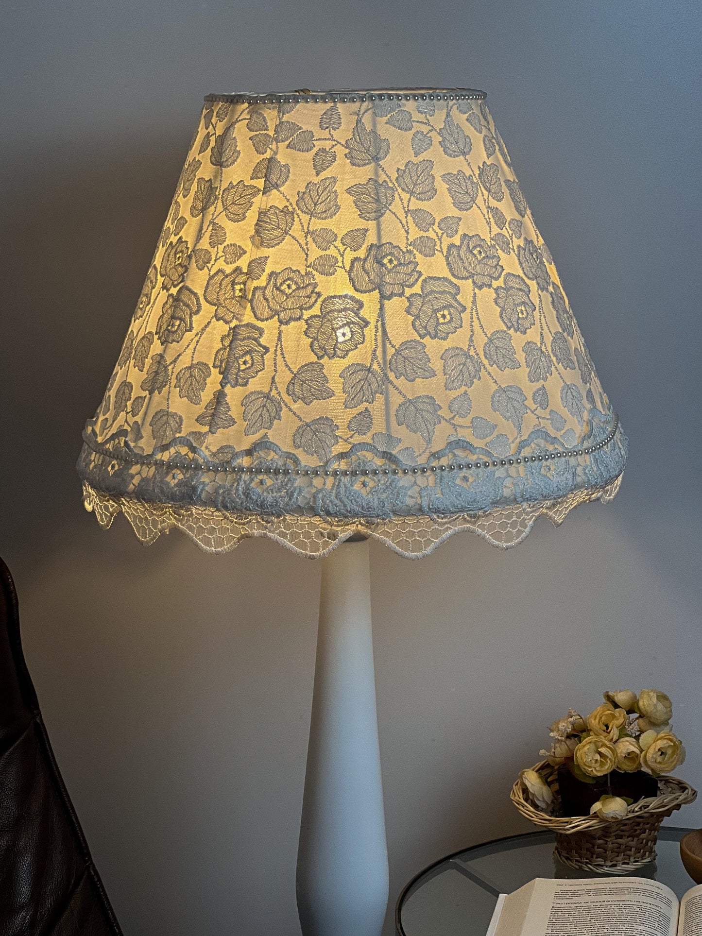 Victorian Lampshade with Floral Guipure and Bead Embellishments. 3809