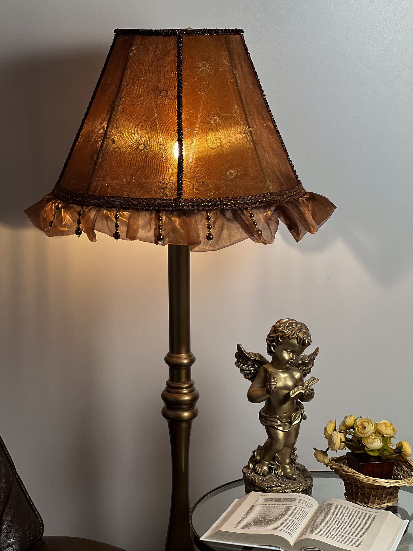 Lampshade. Vintage bronze lampshade with floral embroidery and beaded accents