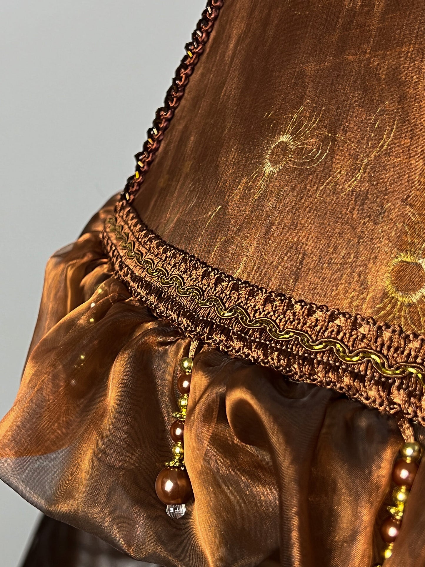 Lampshade. Vintage bronze lampshade with floral embroidery and beaded accents