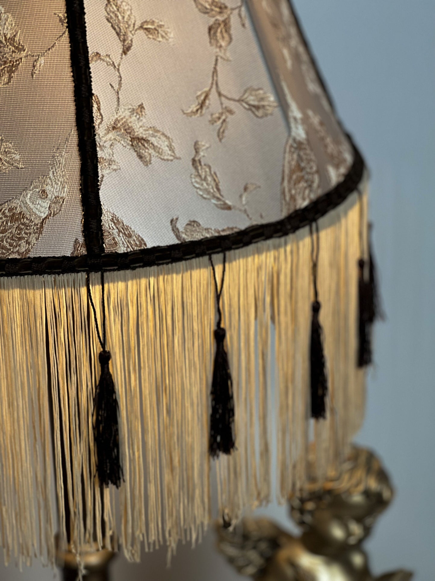 Victorian Lampshade Silvery Mother-of-Pearl Fabric with Long Thick Fringe. 1104