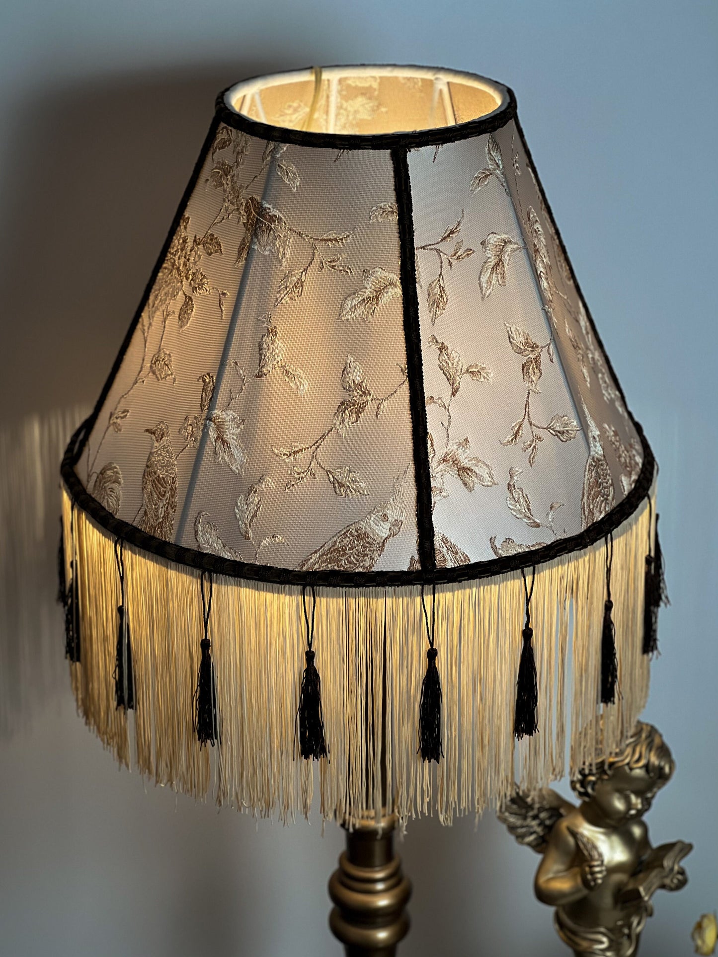 Victorian Lampshade Silvery Mother-of-Pearl Fabric with Long Thick Fringe. 1104