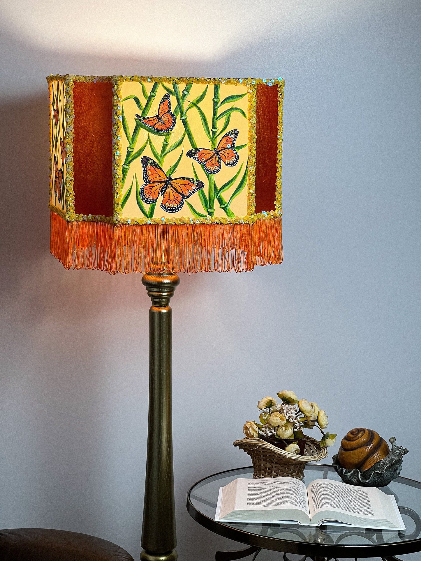 Orange lampshade, art deco lampshade, unique hand-painted lampshade. 2807