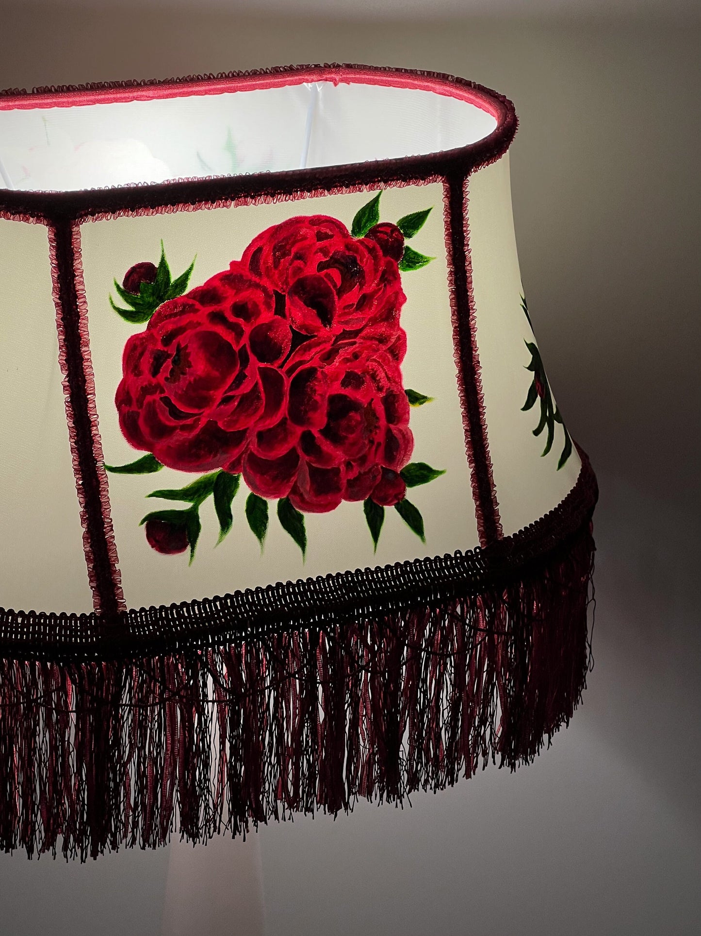 Fabric lampshade with painted peonies fringed lampshade. 5304