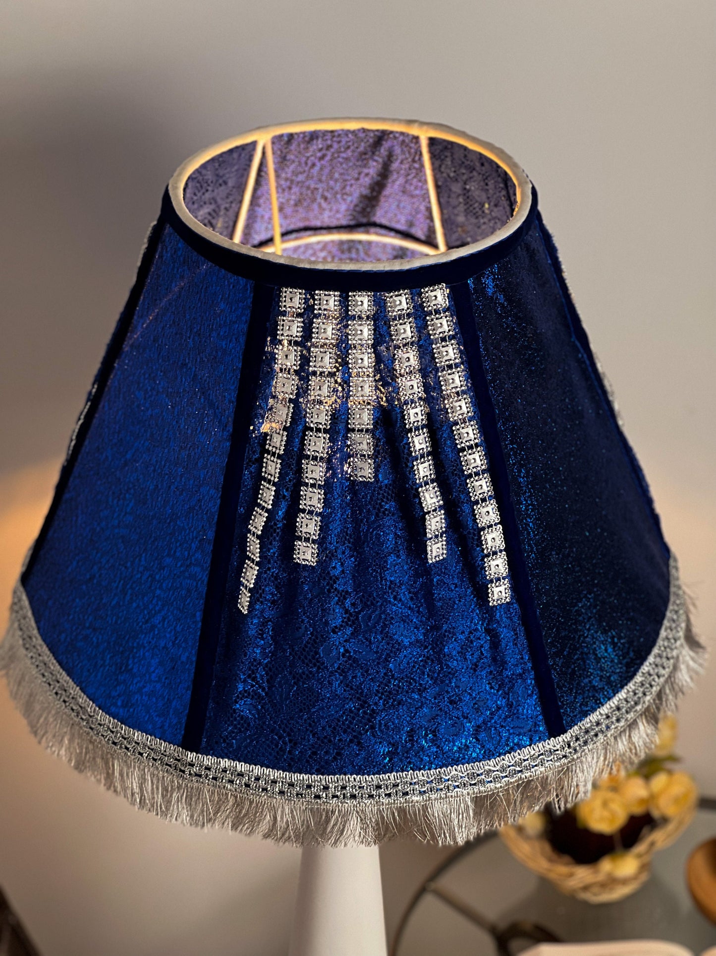Lampshade. Blue Victorian Fringed Deco Lampshade - Luxury Handmade Lampshade for Home Decor