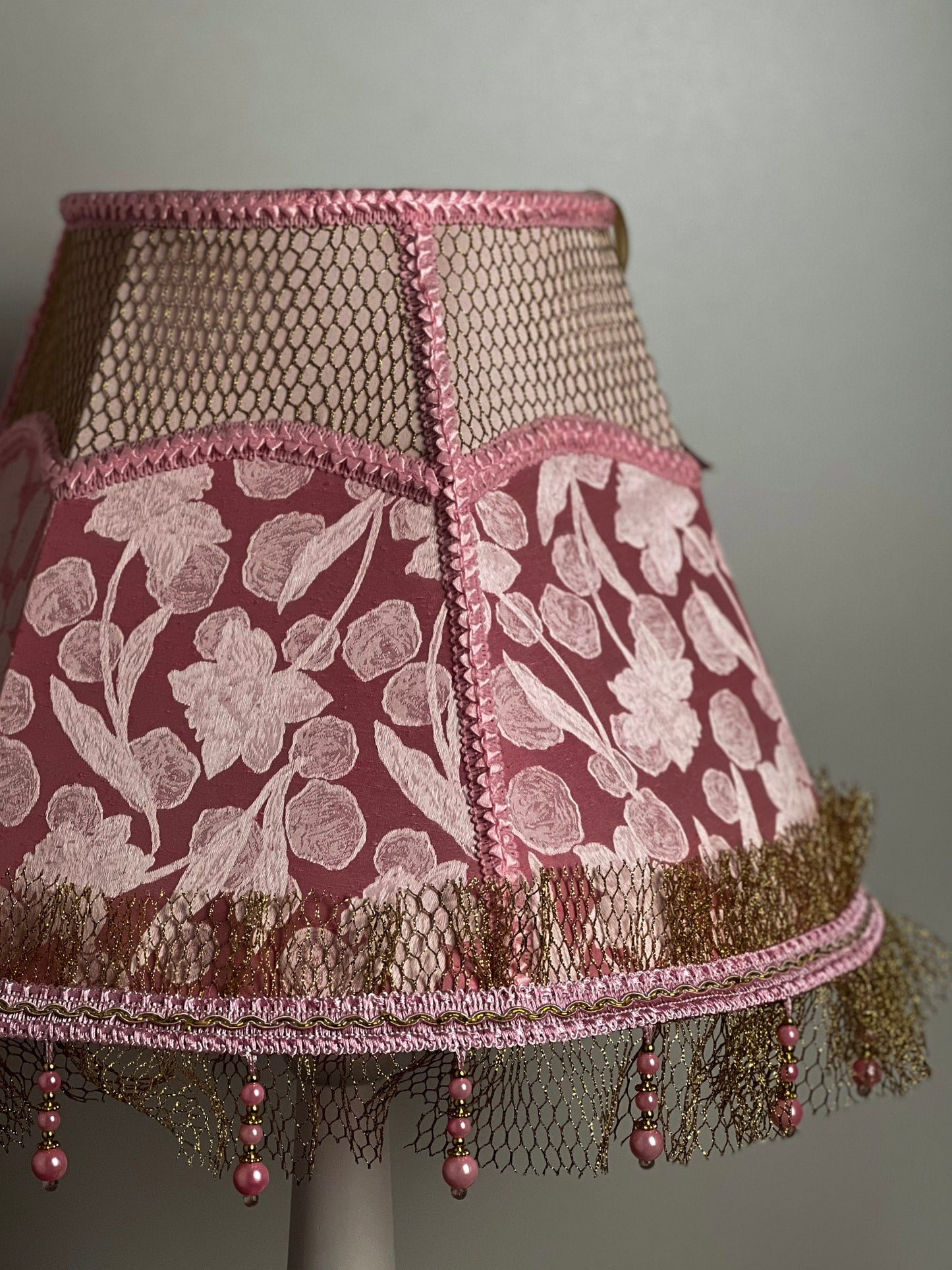 Handmade Pink Floral Lampshade with Fringe, Beads, and Patterned Fabric. 3607