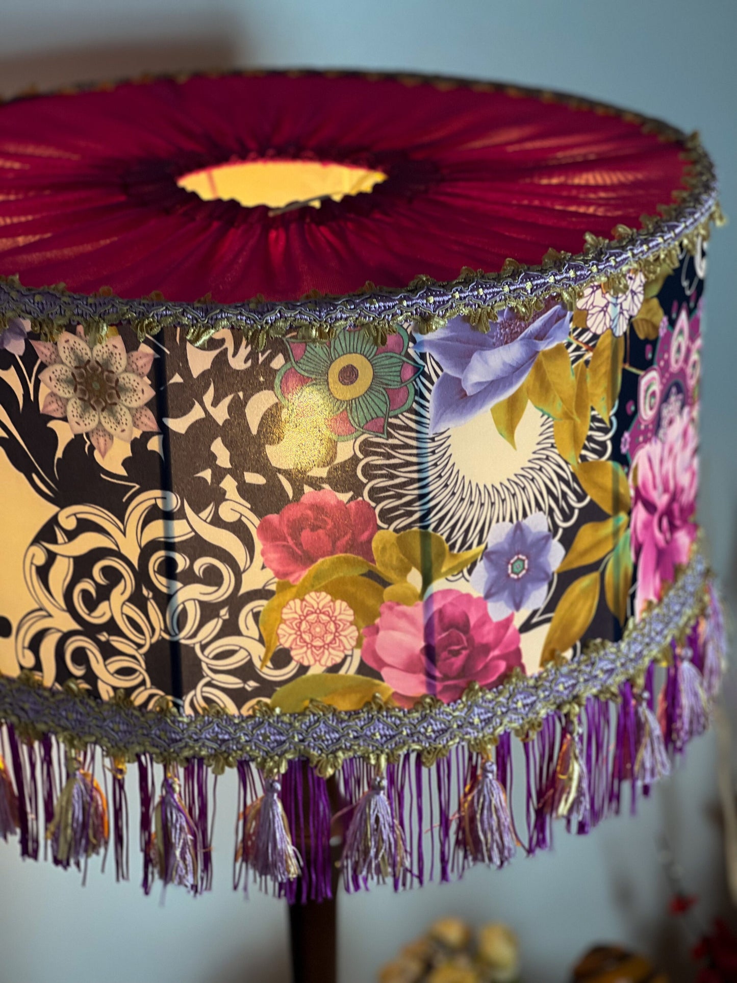 Floral Pattern Victorian Lampshade with Fringe and Tassel Trimmings. PRODUCT TO ORDER