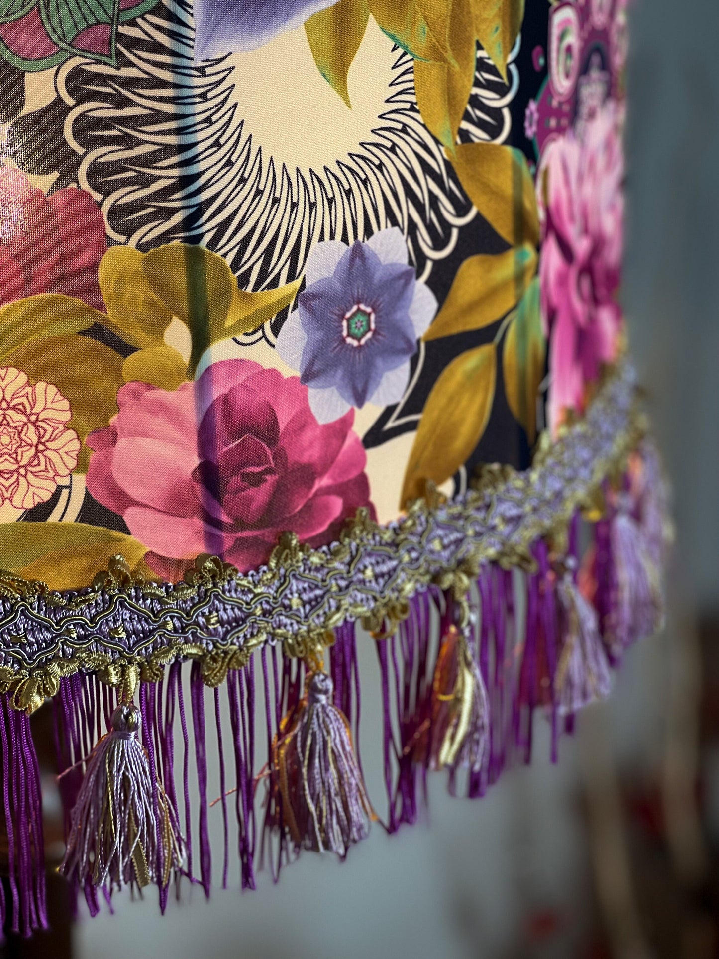 Floral Pattern Victorian Lampshade with Fringe and Tassel Trimmings. PRODUCT TO ORDER