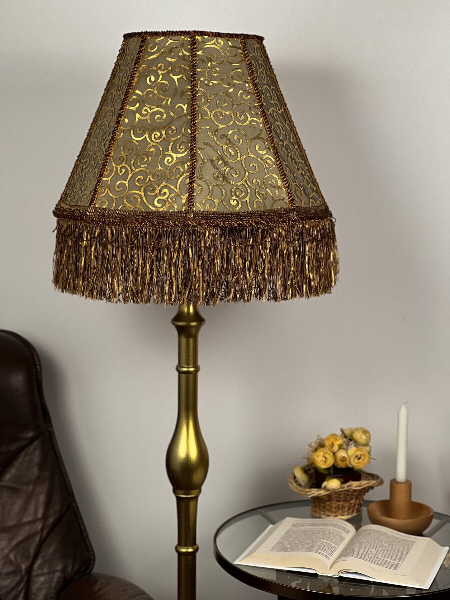 Lampshade. Luxurious Victorian fringed lampshade in brown and golden color