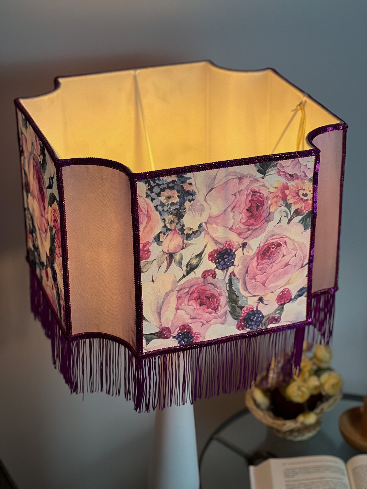 Art deco Lampshade Purple Silk, Floral Pattern, Fringe, Handmade. 2804
