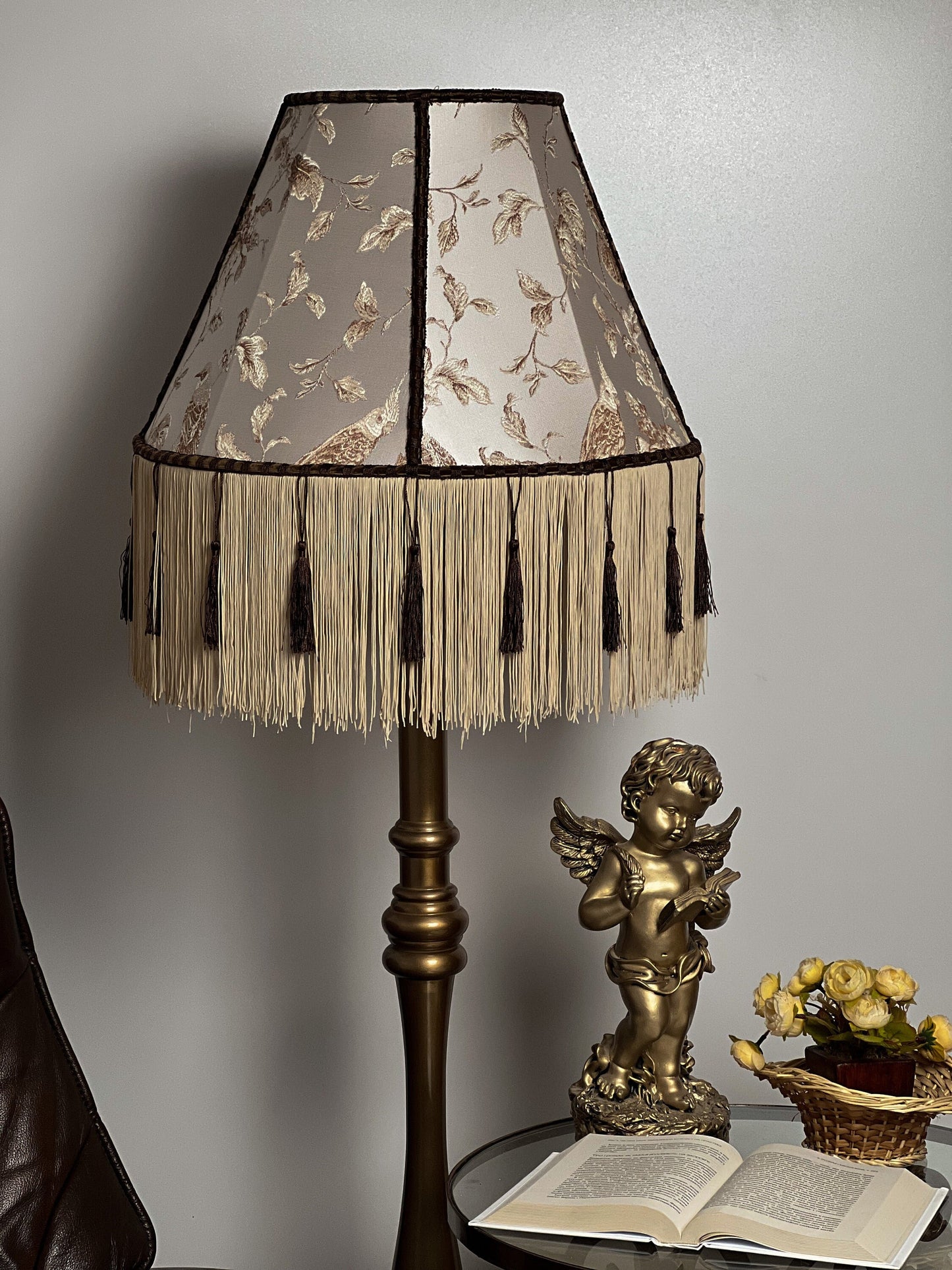 Victorian Lampshade Silvery Mother-of-Pearl Fabric with Long Thick Fringe. 1104
