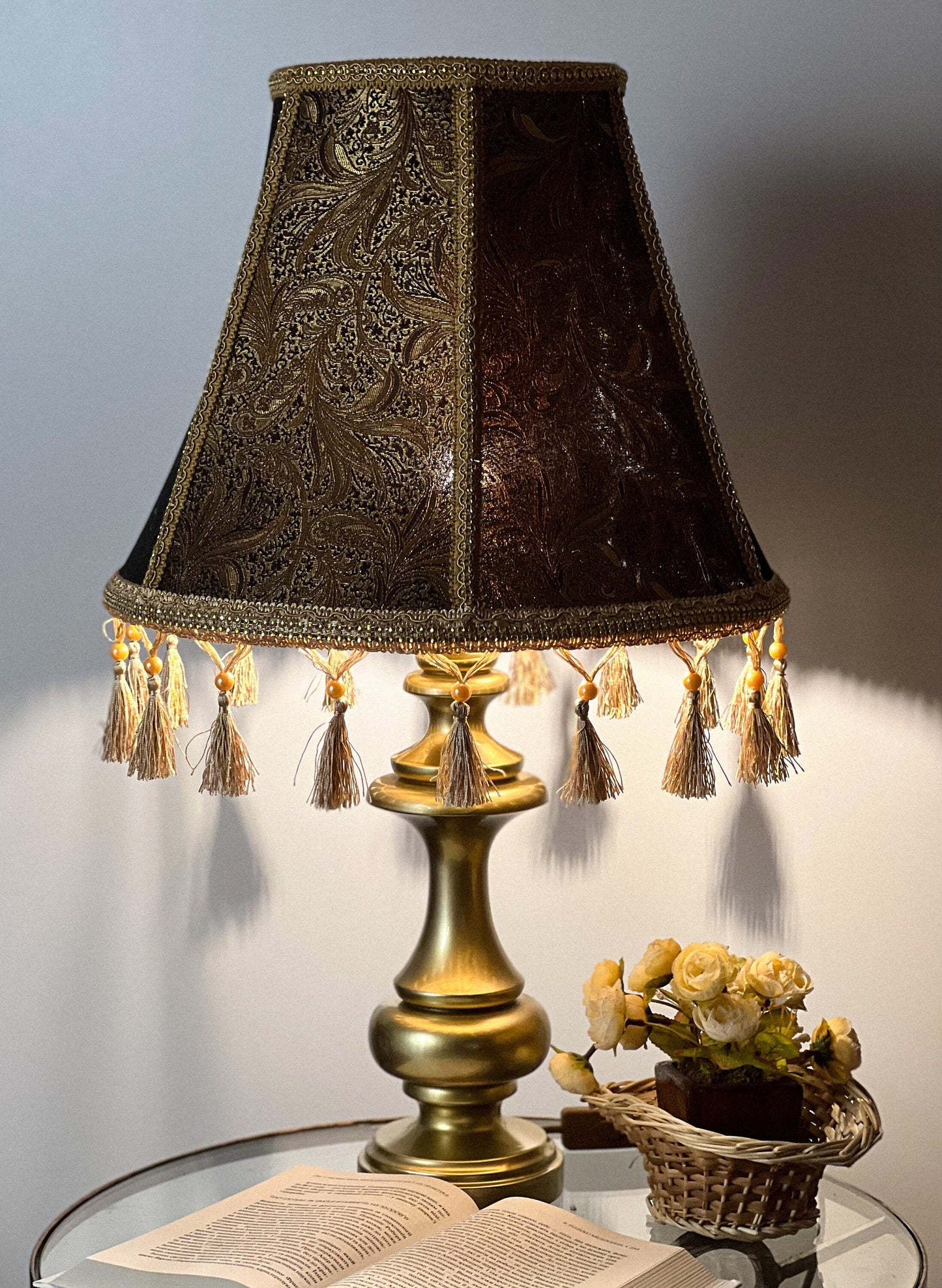 Relief lampshade of golden brown color in Victorian style with fringe. PRODUCT TO ORDER. 0205