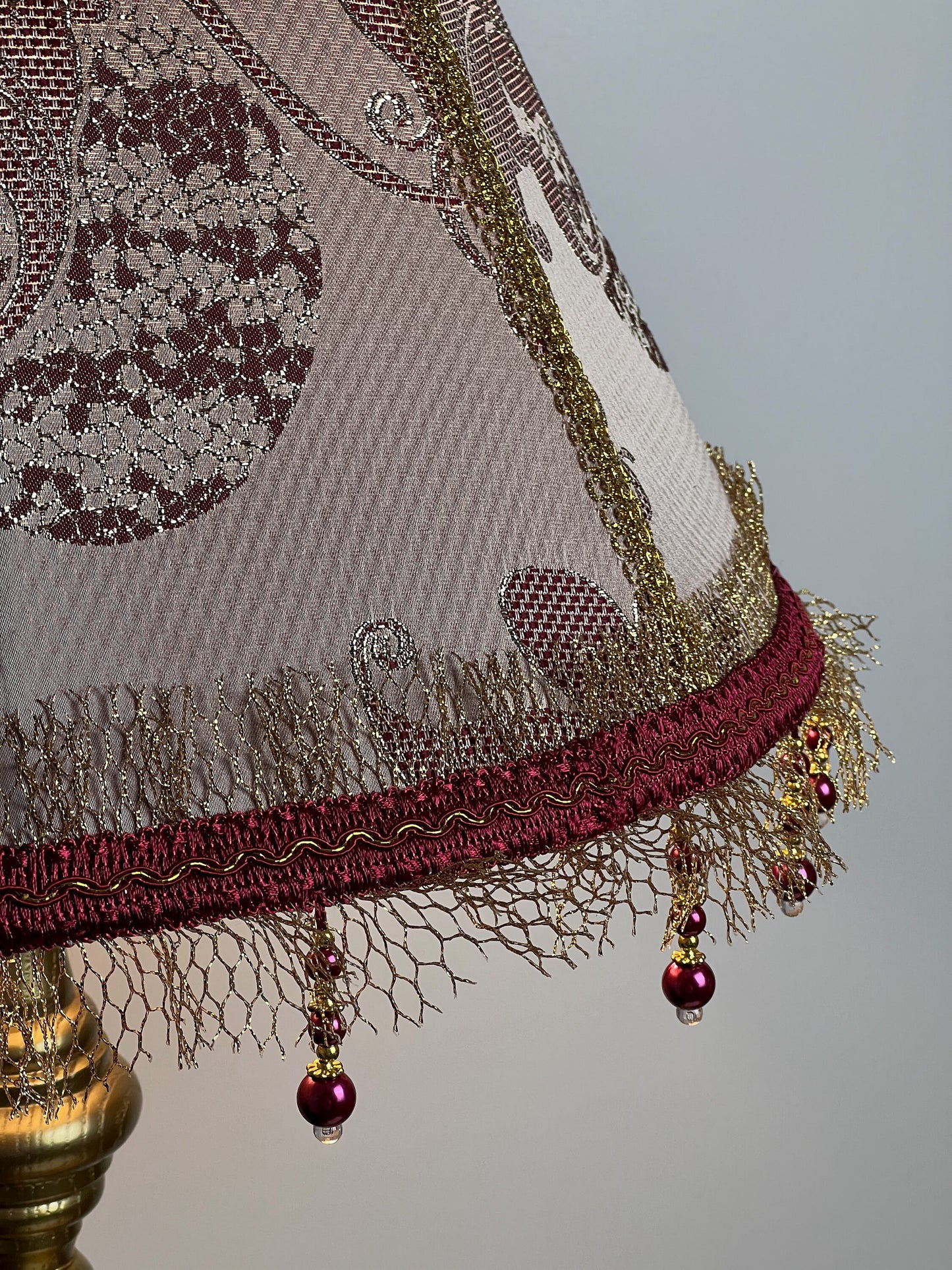 Victorian Lampshade in Golden-Burgundy Brocade with Fringe