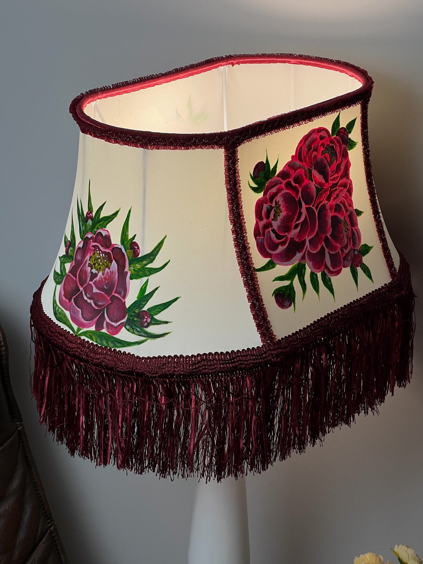 Fabric lampshade with painted peonies fringed lampshade. 5304