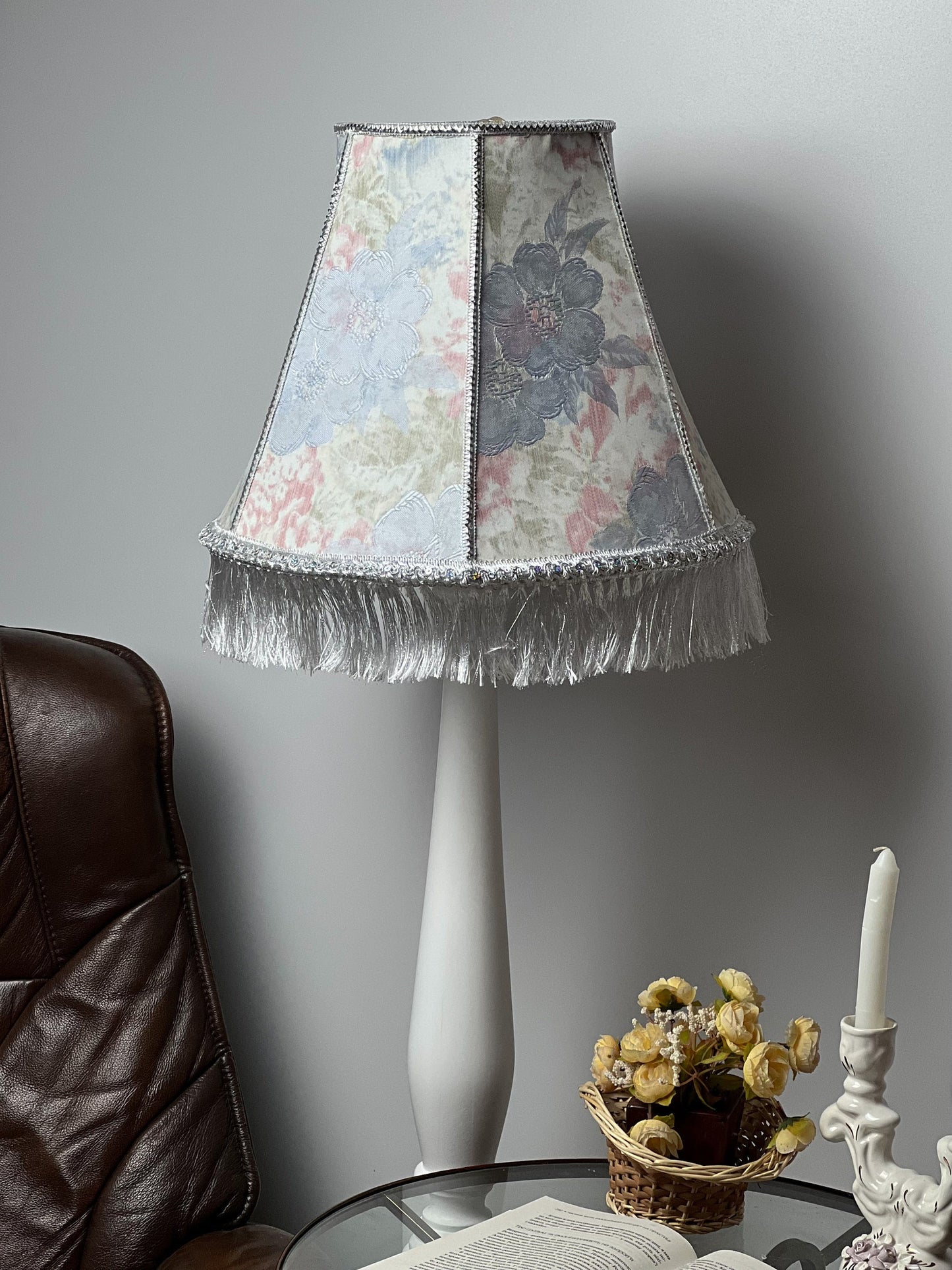 Floral lampshade with embossed patterned fabric and fringe. 0203