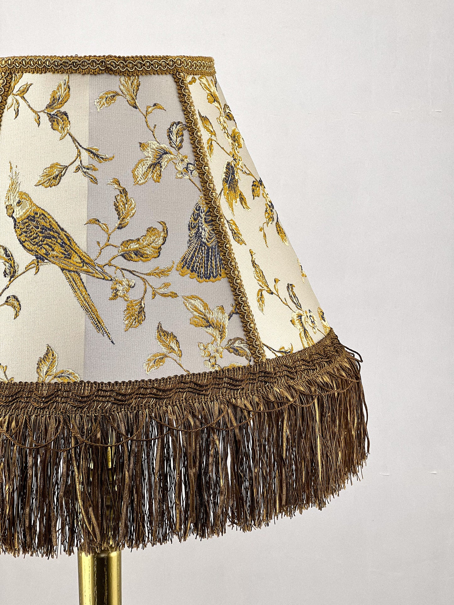 Lampshade. Victorian coffee-colored fabric lampshade with birds.