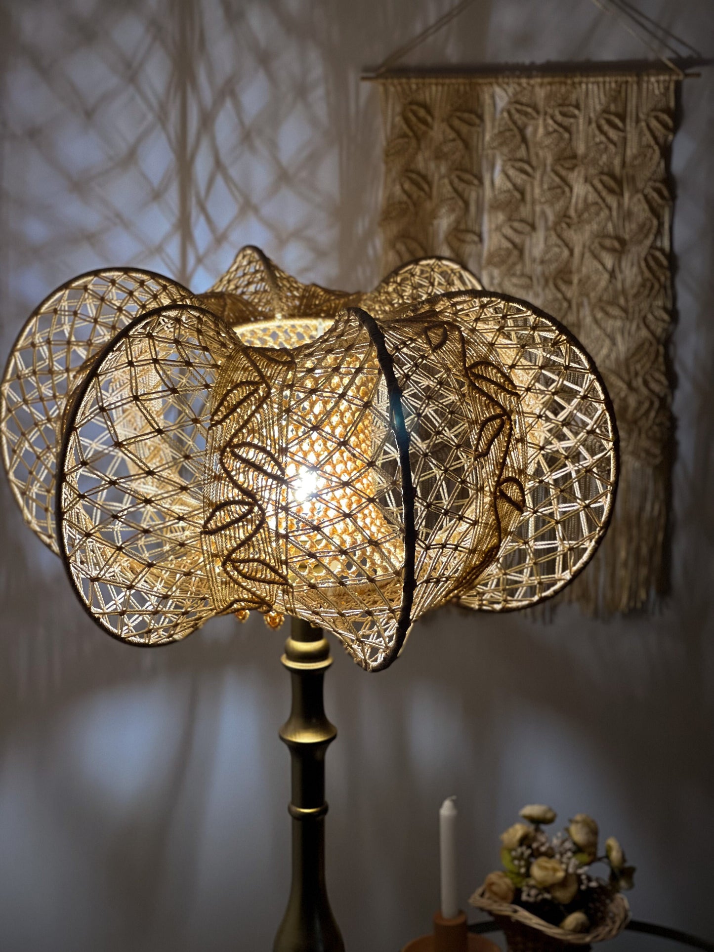 A unique macrame lampshade with a complex panel design. 2207
