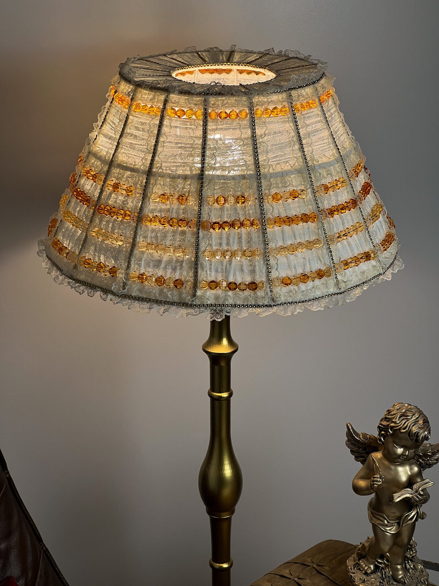 Lampshade. French Milk-Colored Guipure Lampshade with Lace Ribbon
