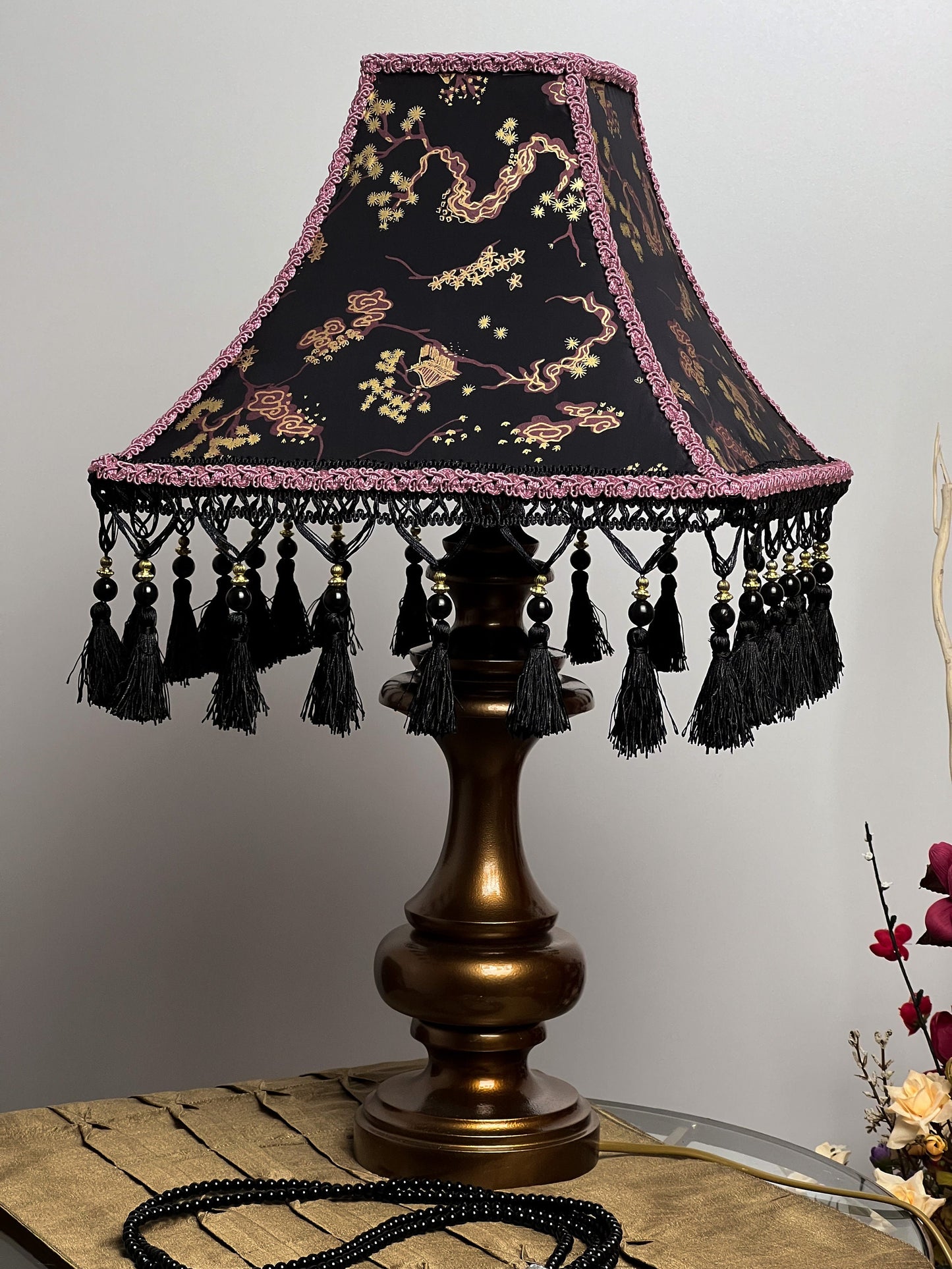 Black and lilac Japanese-style lampshade with print and fringe. PRODUCT TO ORDER. 300102