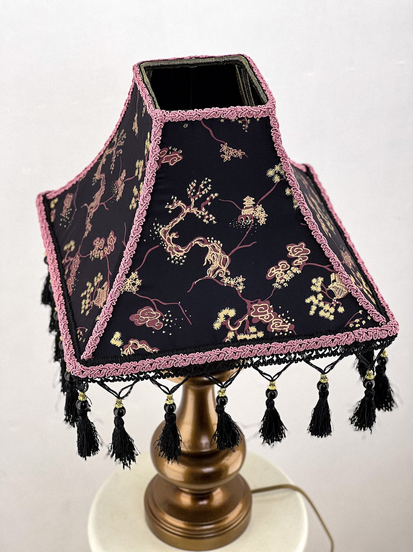 Black and lilac Japanese-style lampshade with print and fringe. PRODUCT TO ORDER. 300102