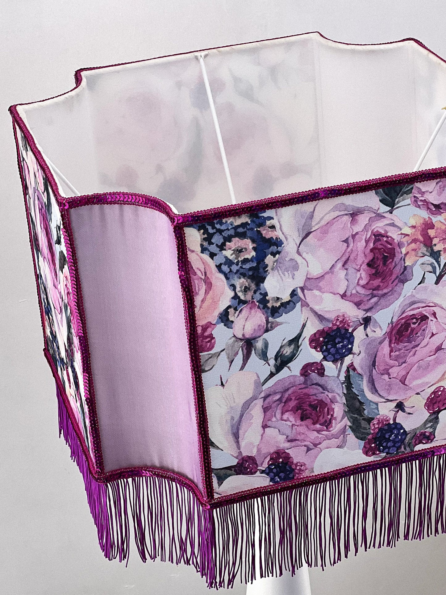 Art deco Lampshade Purple Silk, Floral Pattern, Fringe, Handmade. 2804