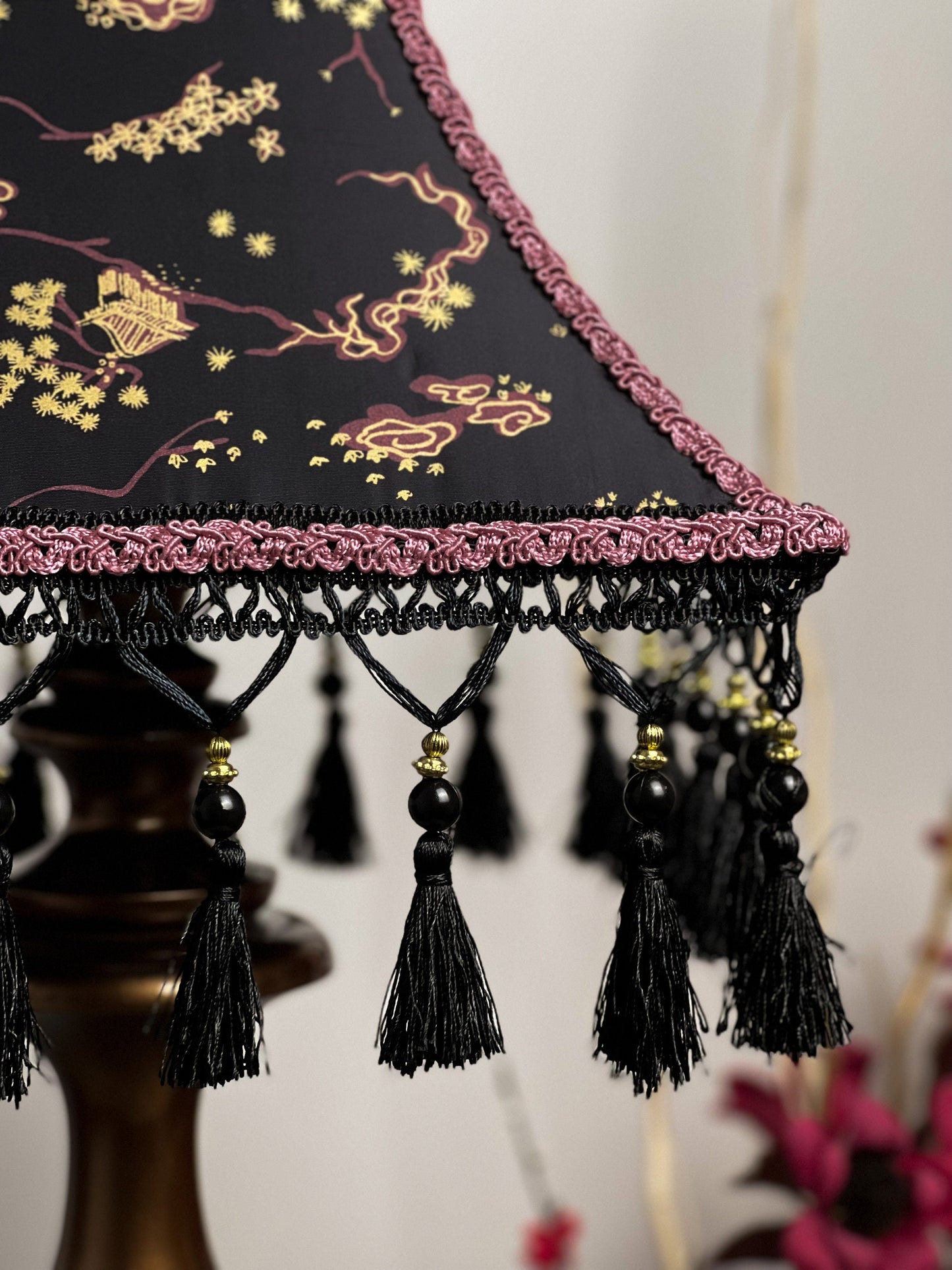 Black and lilac Japanese-style lampshade with print and fringe. PRODUCT TO ORDER. 300102