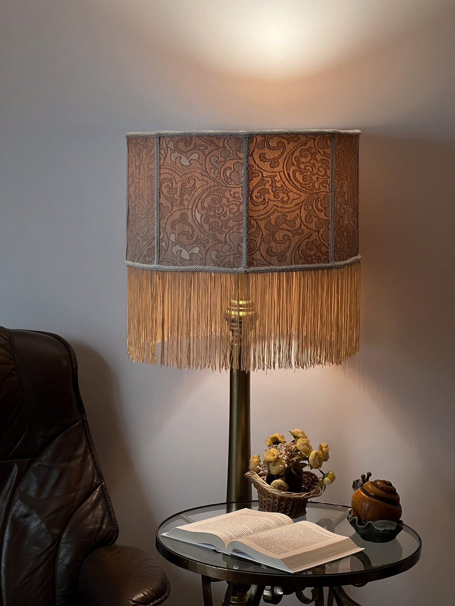 Handmade Fringe Drum Lampshade with Vintage Pattern - Large Deco Shade 6902