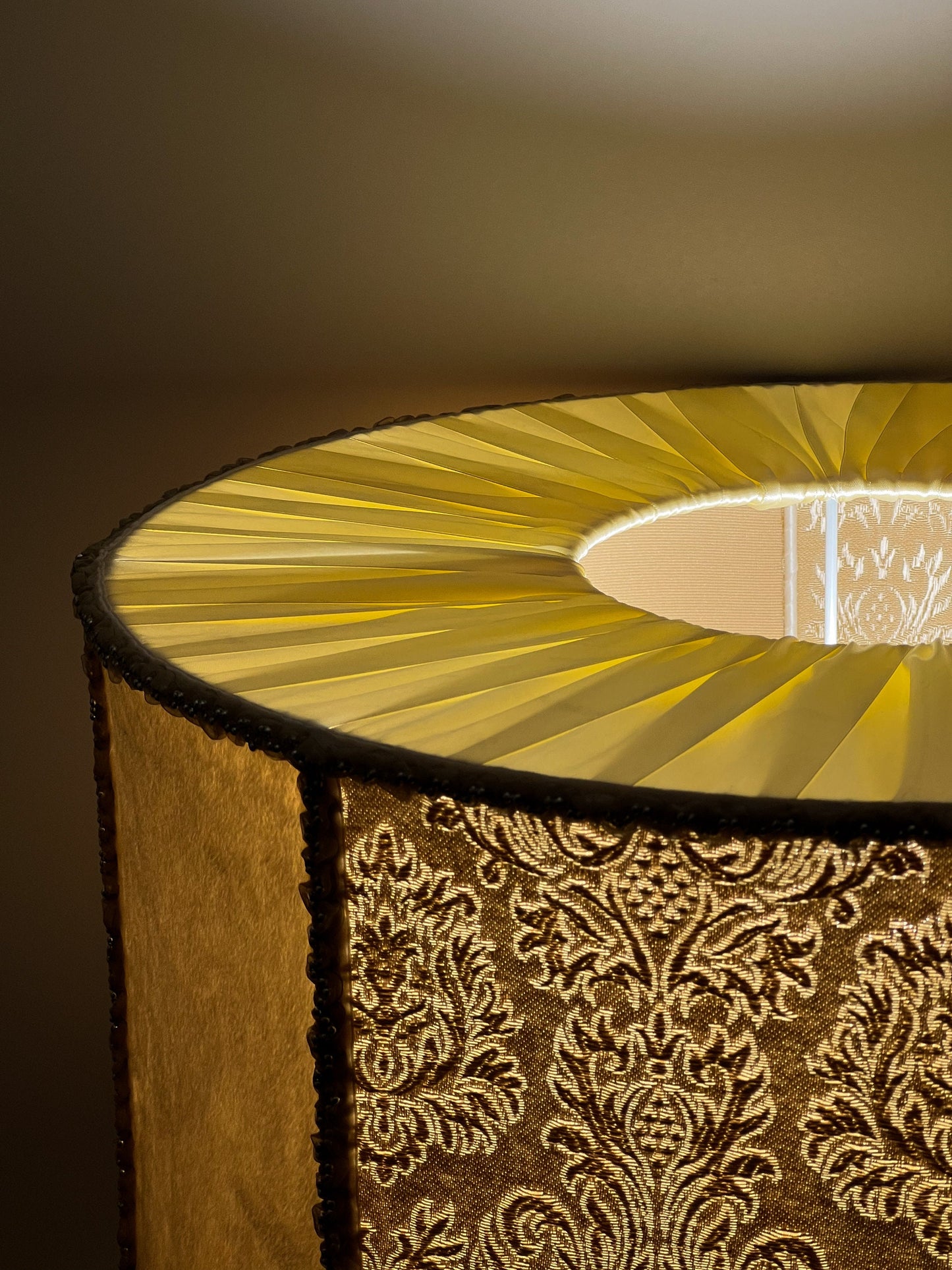 Art Deco Fringed Drum Lampshade with Victorian Pattern - Designer Accent Lamp. 6901