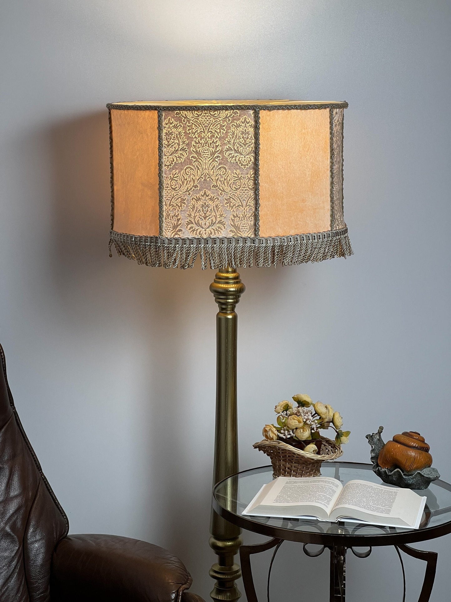 Art Deco Fringed Drum Lampshade with Victorian Pattern - Designer Accent Lamp. 6901