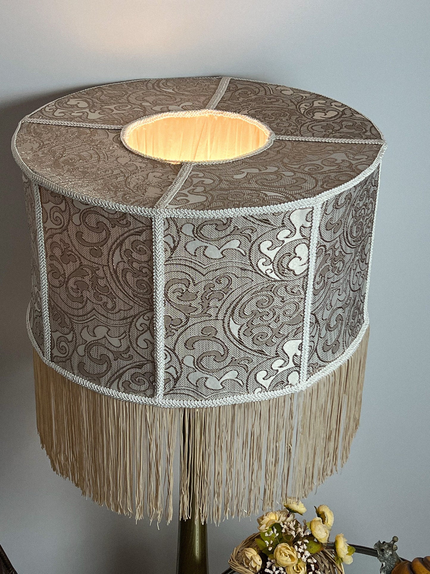 Handmade Fringe Drum Lampshade with Vintage Pattern - Large Deco Shade 6902