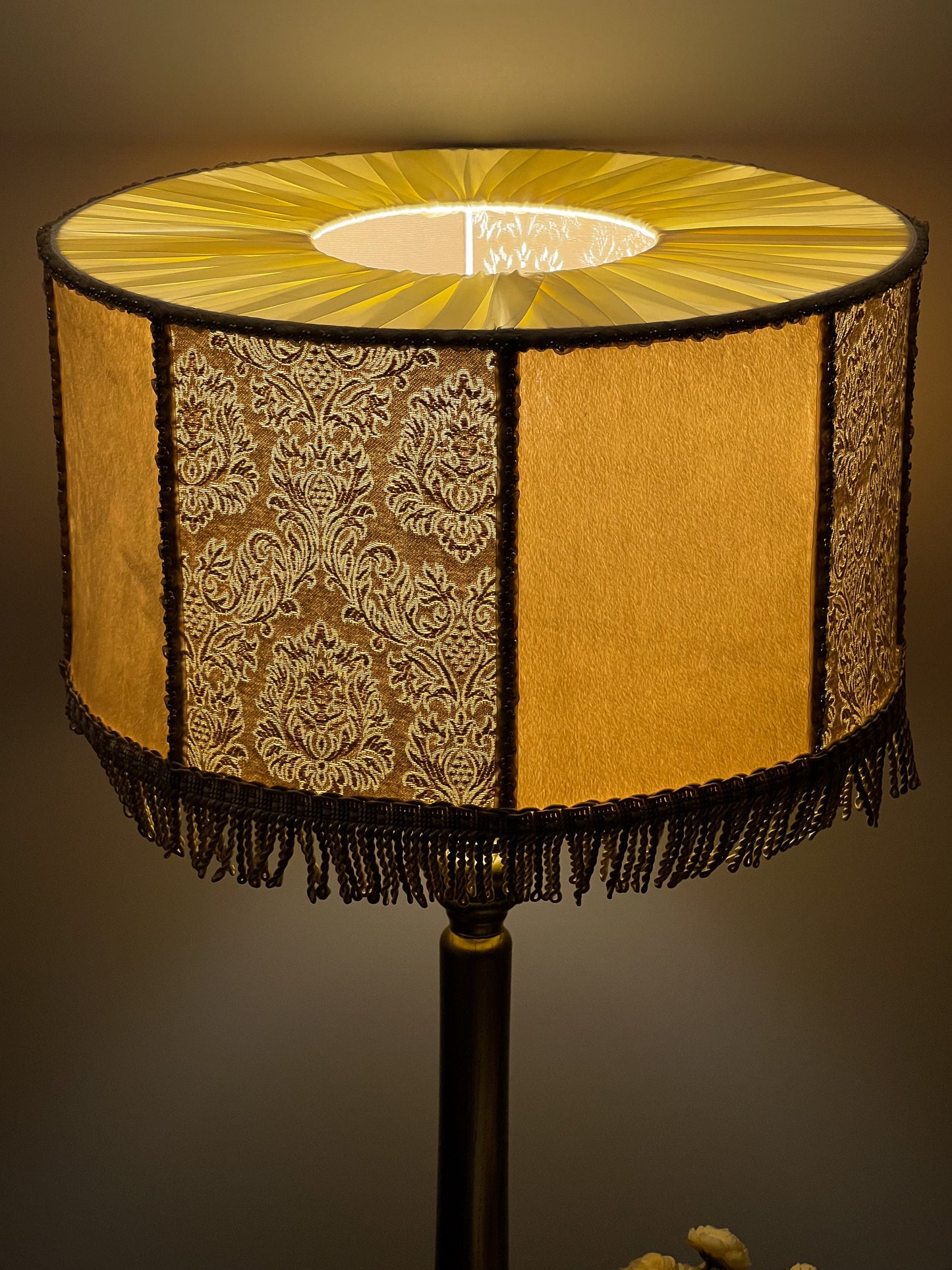 Art Deco Fringed Drum Lampshade with Victorian Pattern - Designer Accent Lamp. 6901