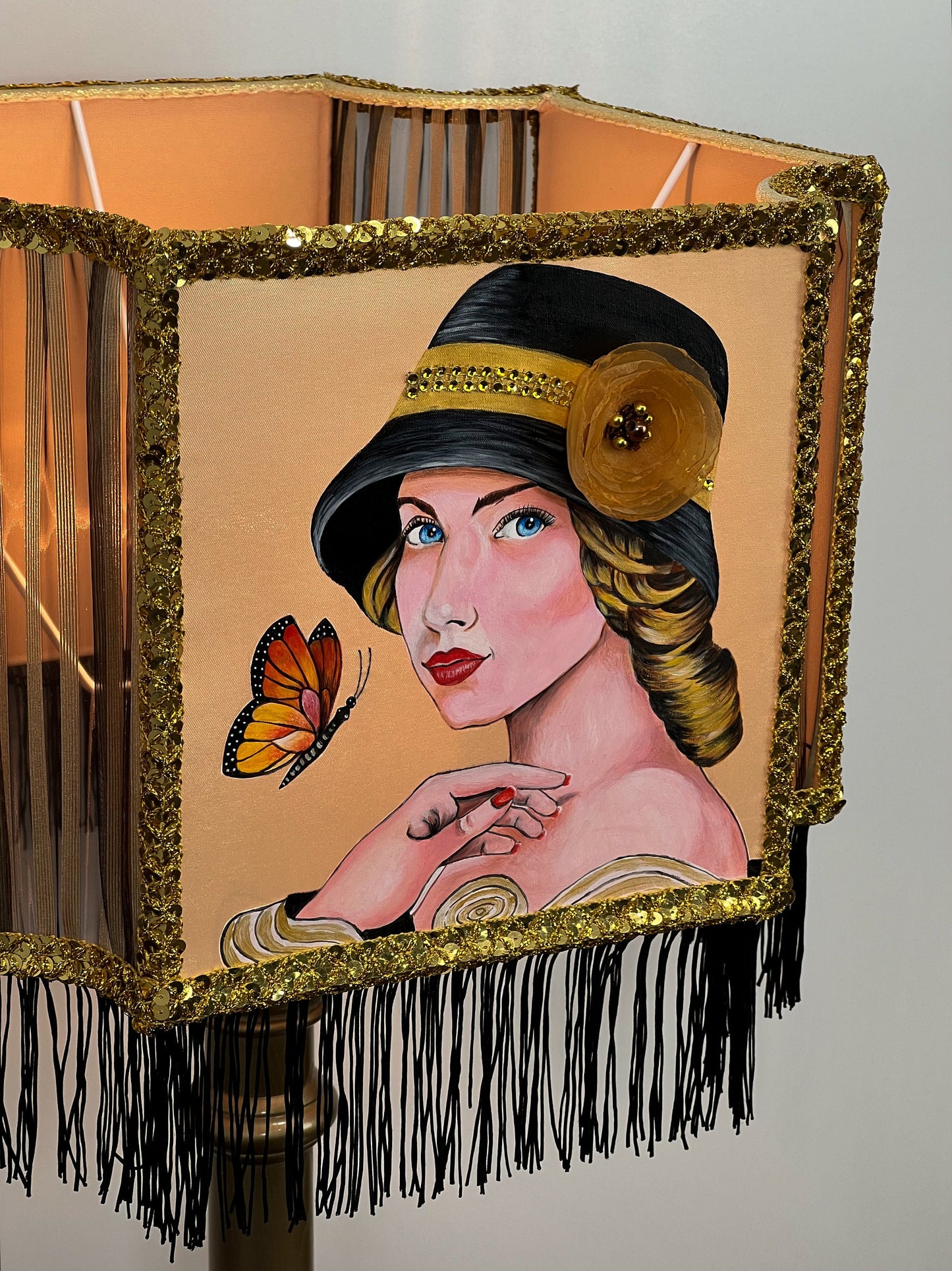 Lampshade, Art Deco style - handmade fringed lampshade, girl in a hat, artistic product. 2806