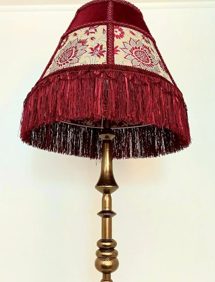 Lampshade red, floral lampshade with fringe. 3104