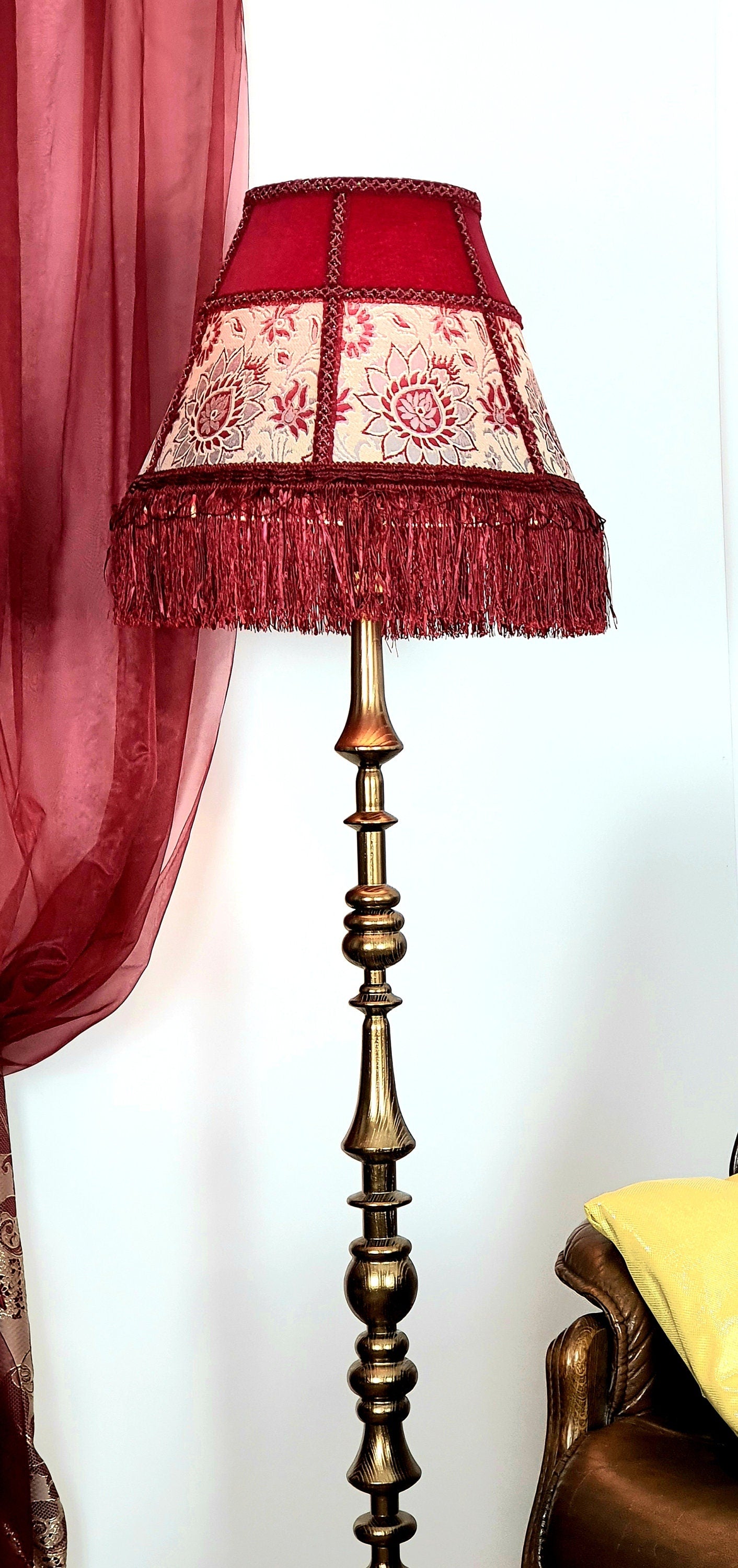 Lampshade red, floral lampshade with fringe. 3104