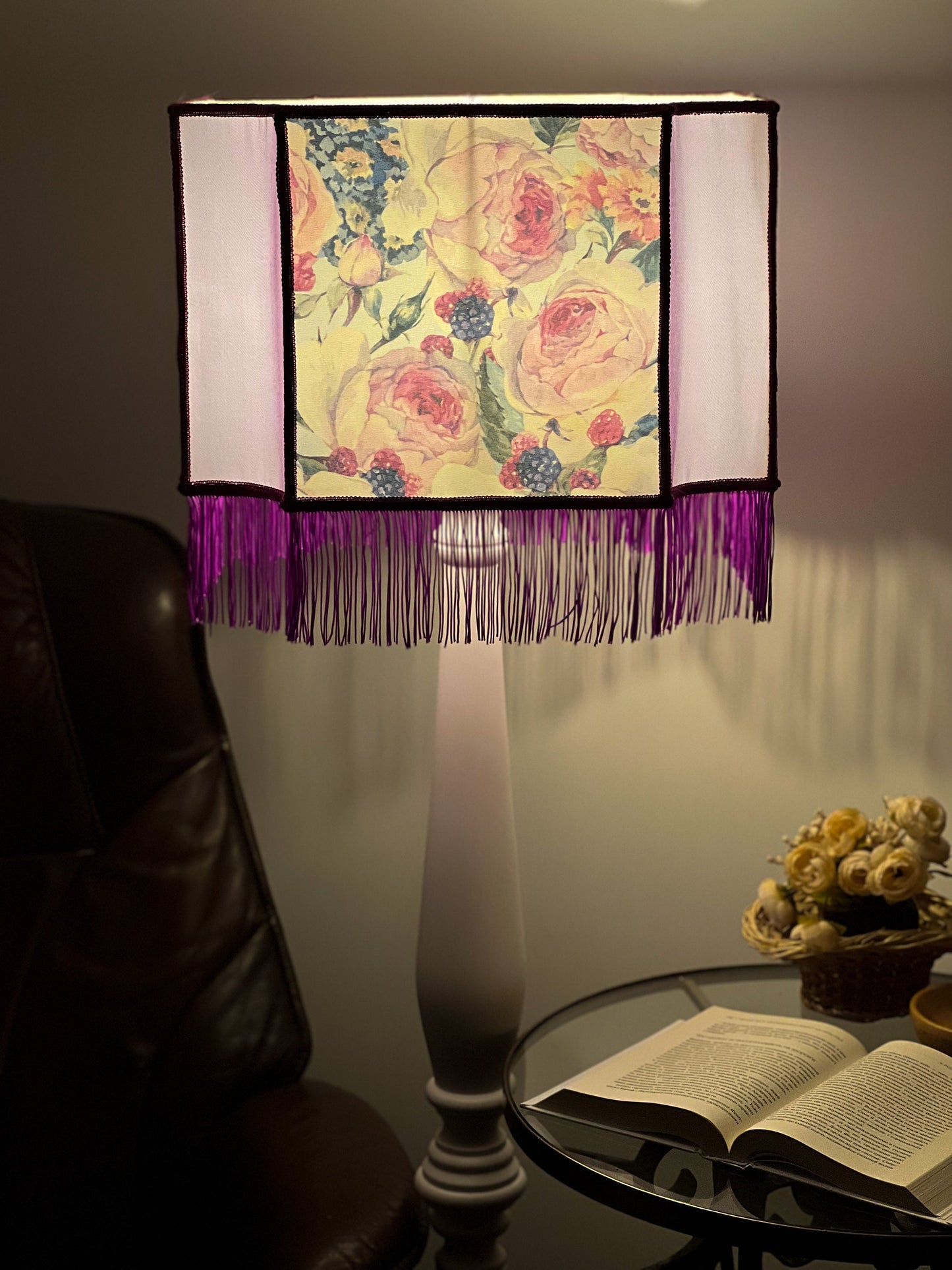 Art deco Lampshade Purple Silk, Floral Pattern, Fringe, Handmade. 2804