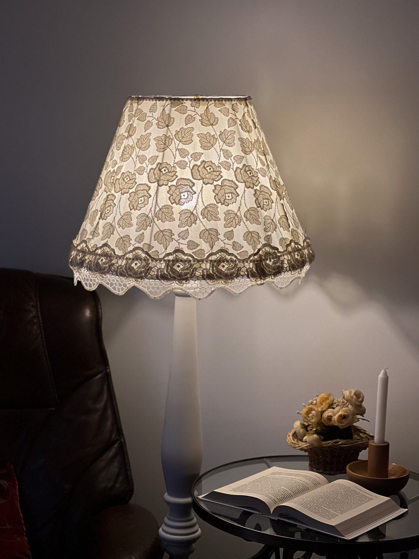 Victorian Lampshade with Floral Guipure and Bead Embellishments. 3809