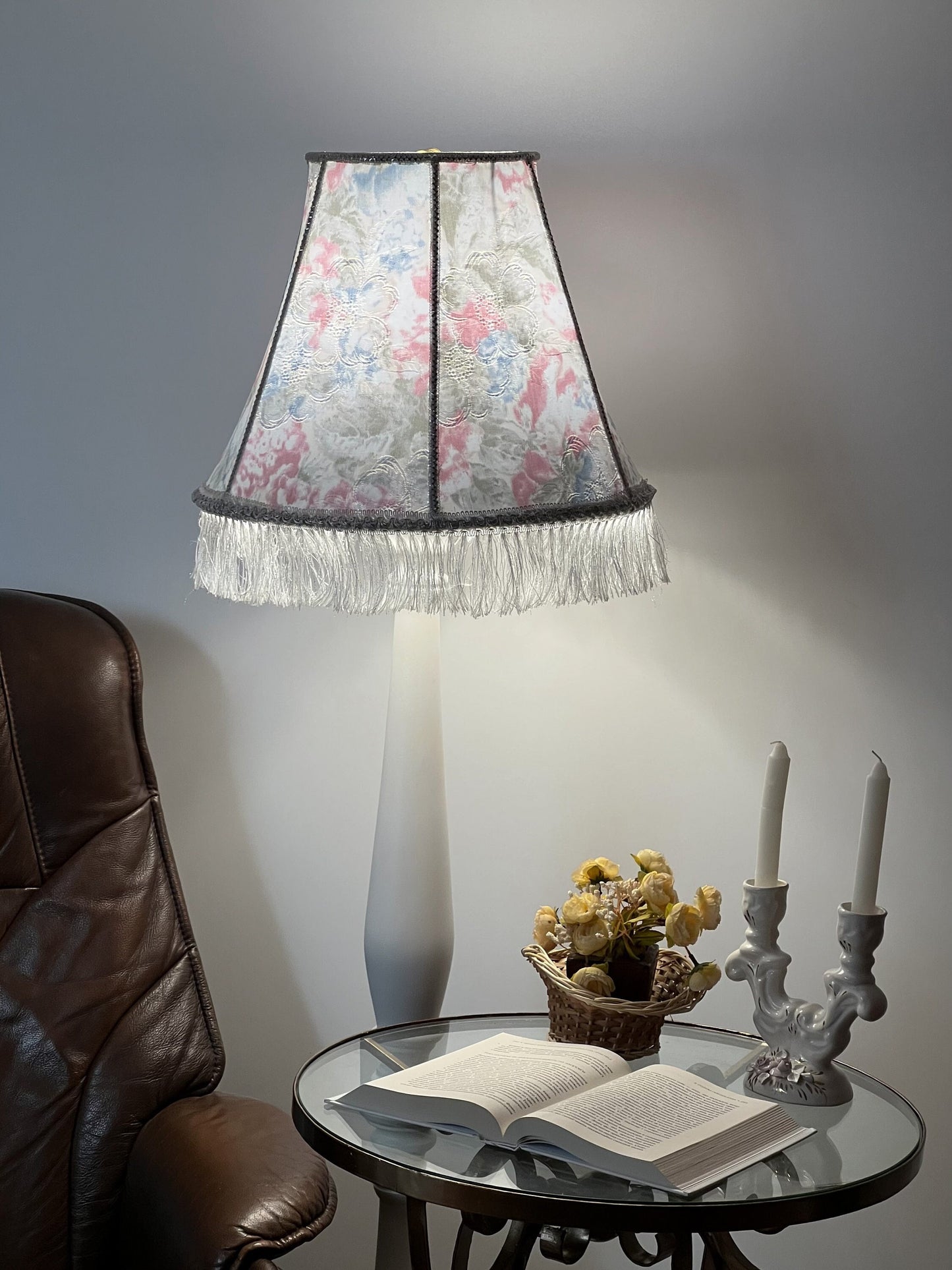 Floral lampshade with embossed patterned fabric and fringe. 0203