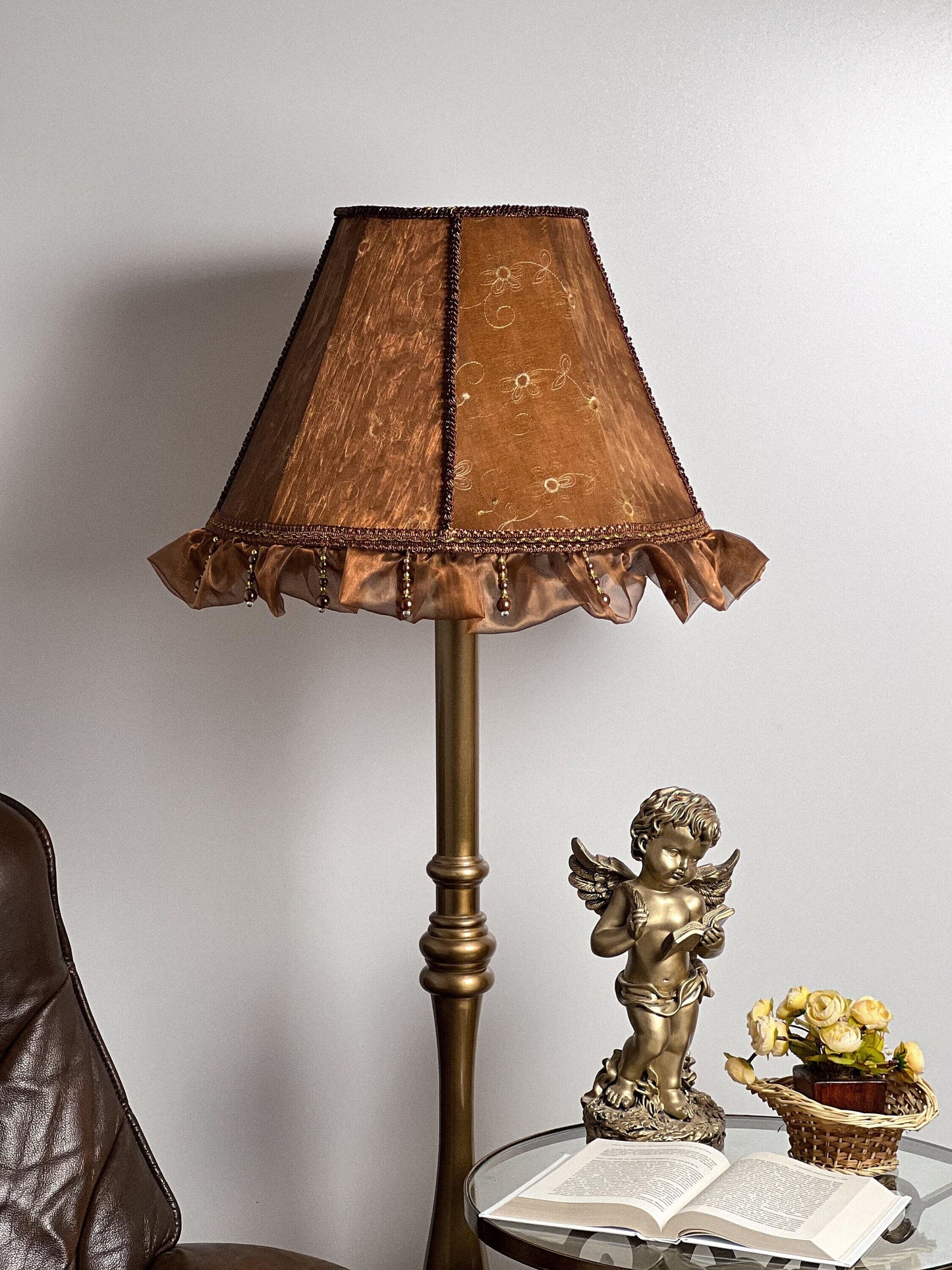 Lampshade. Vintage bronze lampshade with floral embroidery and beaded accents